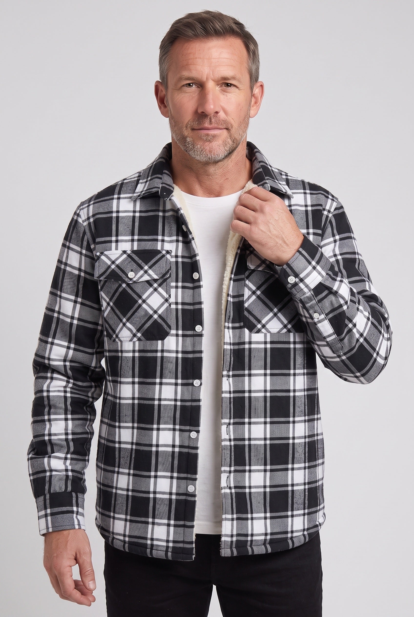 Men's Sherpa Jacket | Plaid with Buttoned Chest Pockets - 8