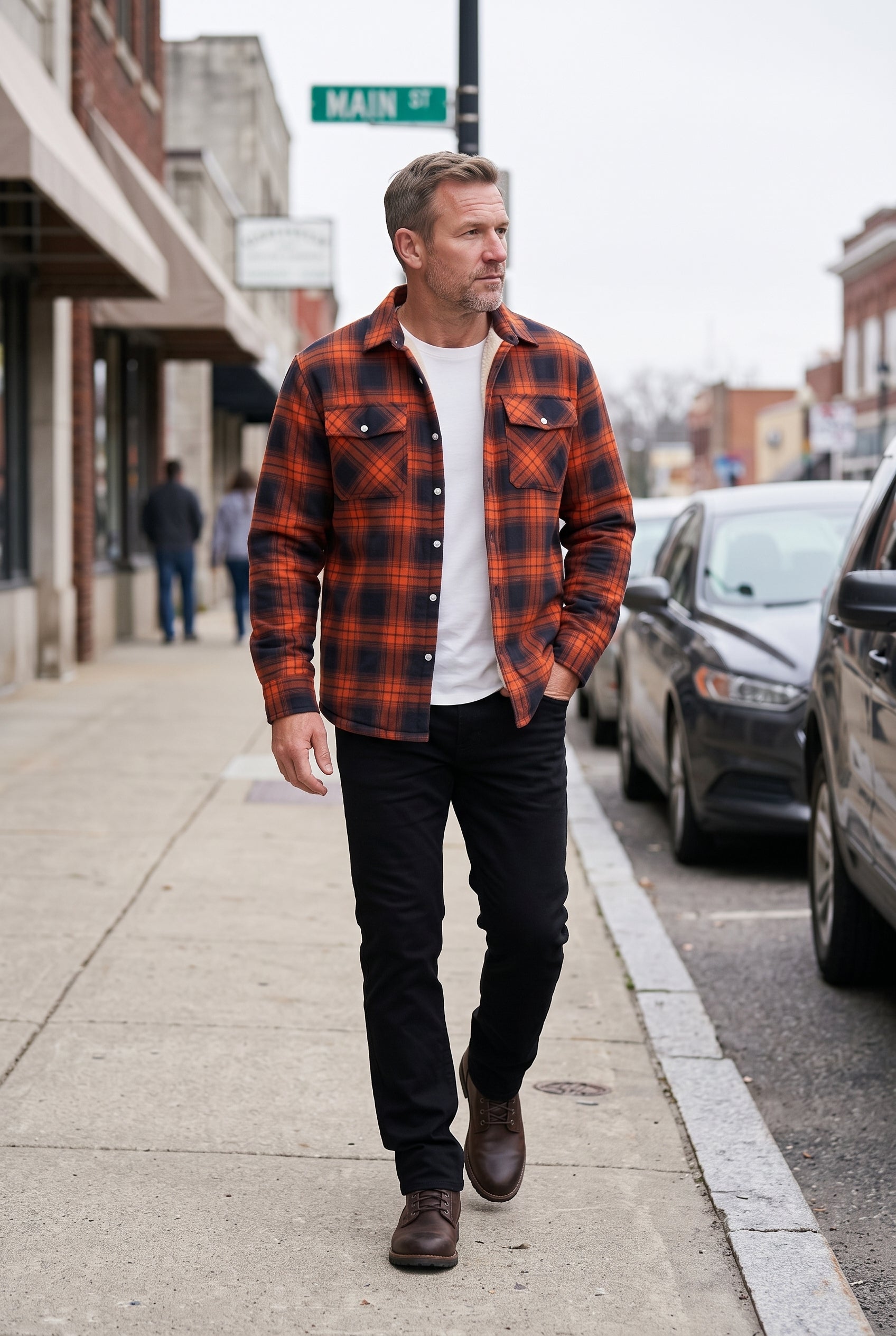 Men's Sherpa Jacket | Plaid with Buttoned Chest Pockets - Orange lifestyle