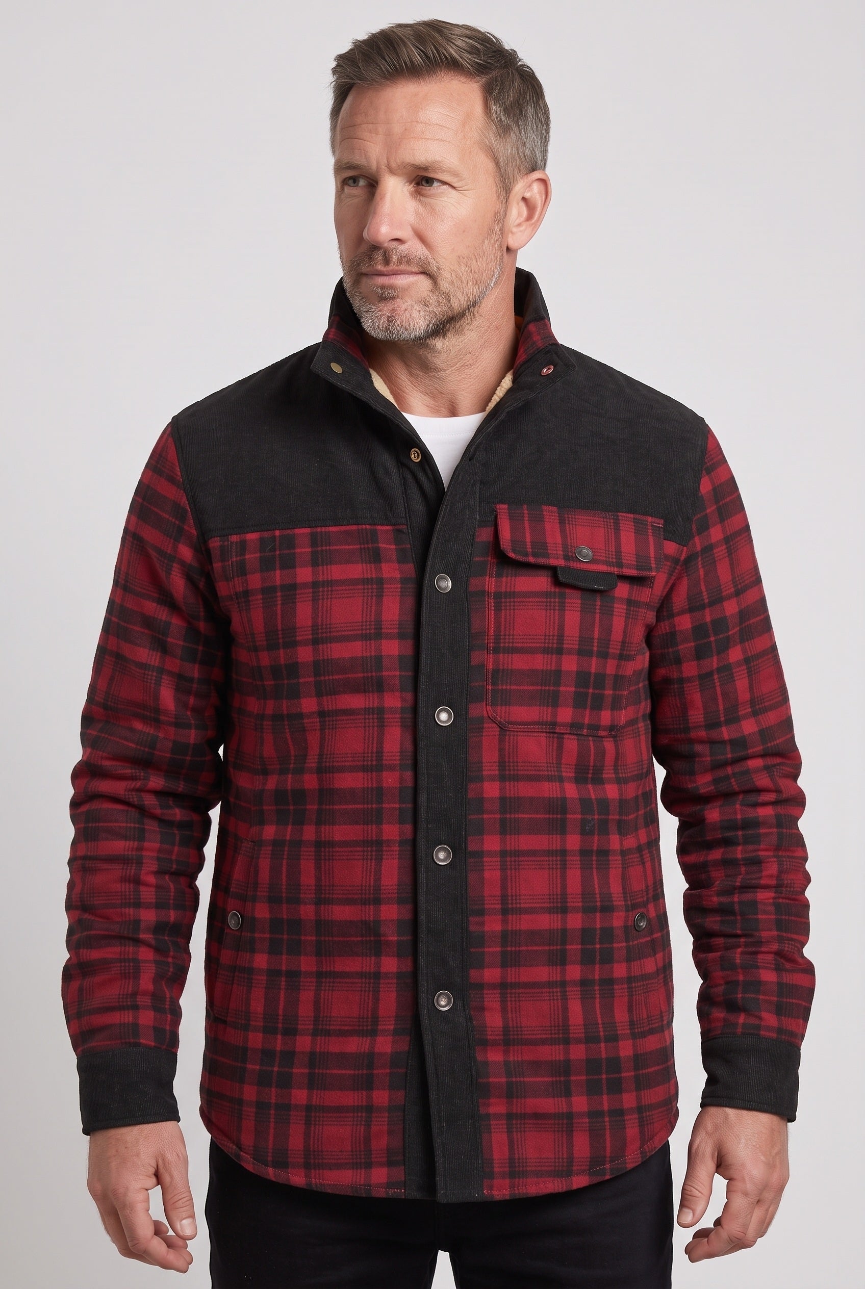 Men's Sherpa Jacket | Plaid with Corduroy Collar - 11