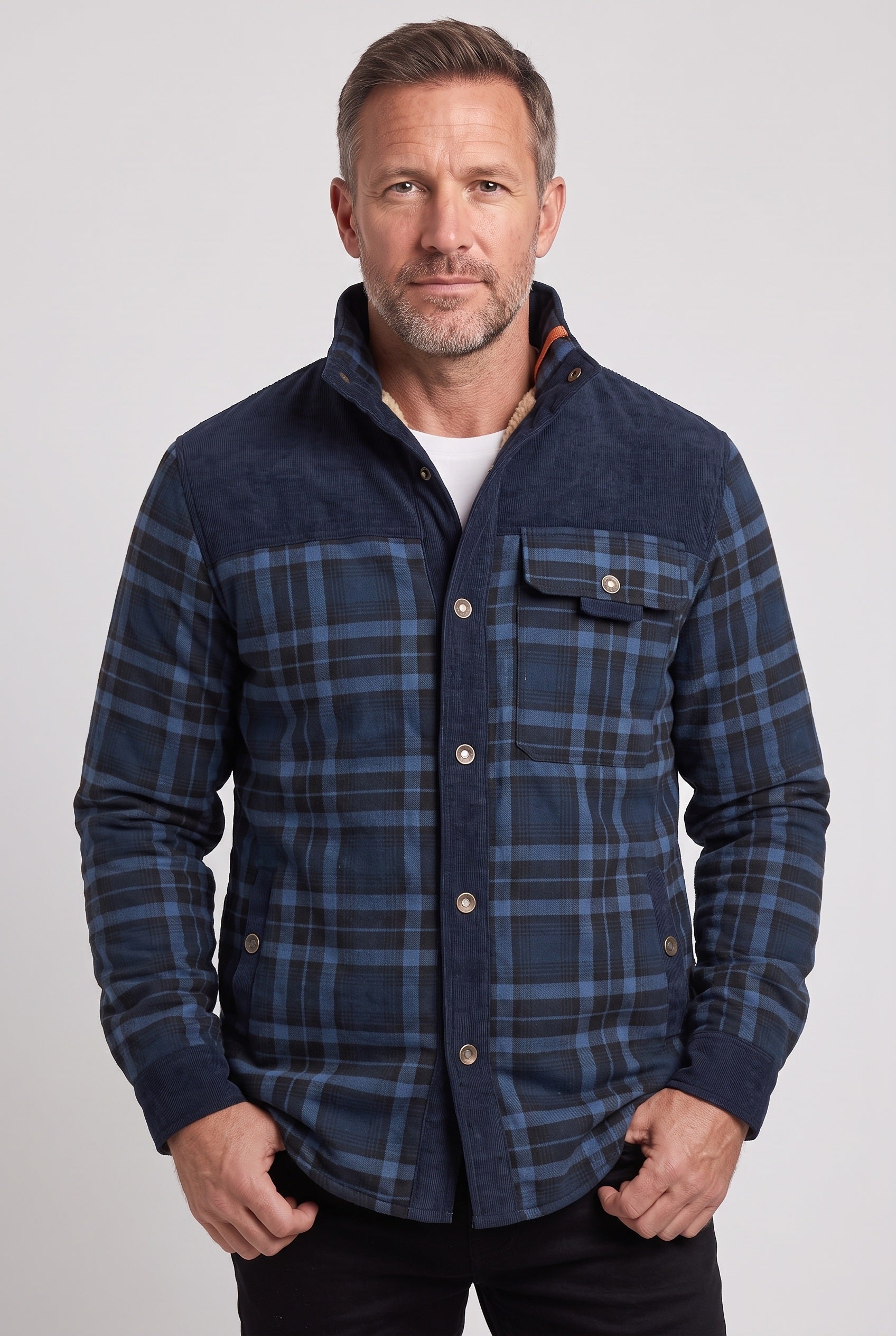Men's Sherpa Jacket | Plaid with Corduroy Collar - 12