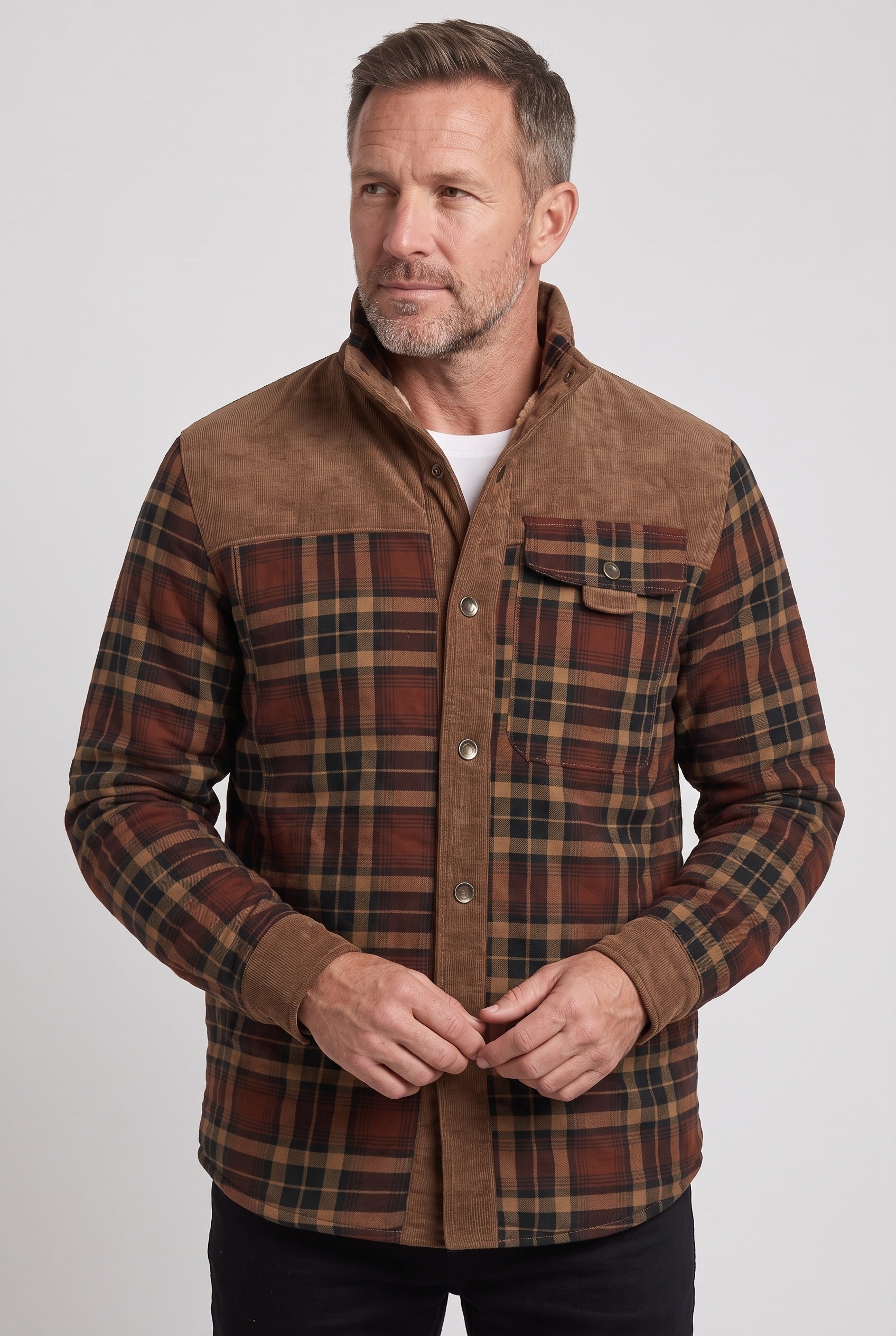 Men's Sherpa Jacket | Plaid with Corduroy Collar - 6