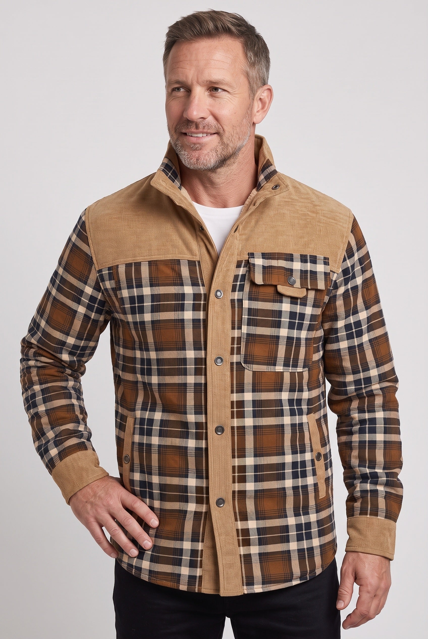 Men's Sherpa Jacket | Plaid with Corduroy Collar - 8