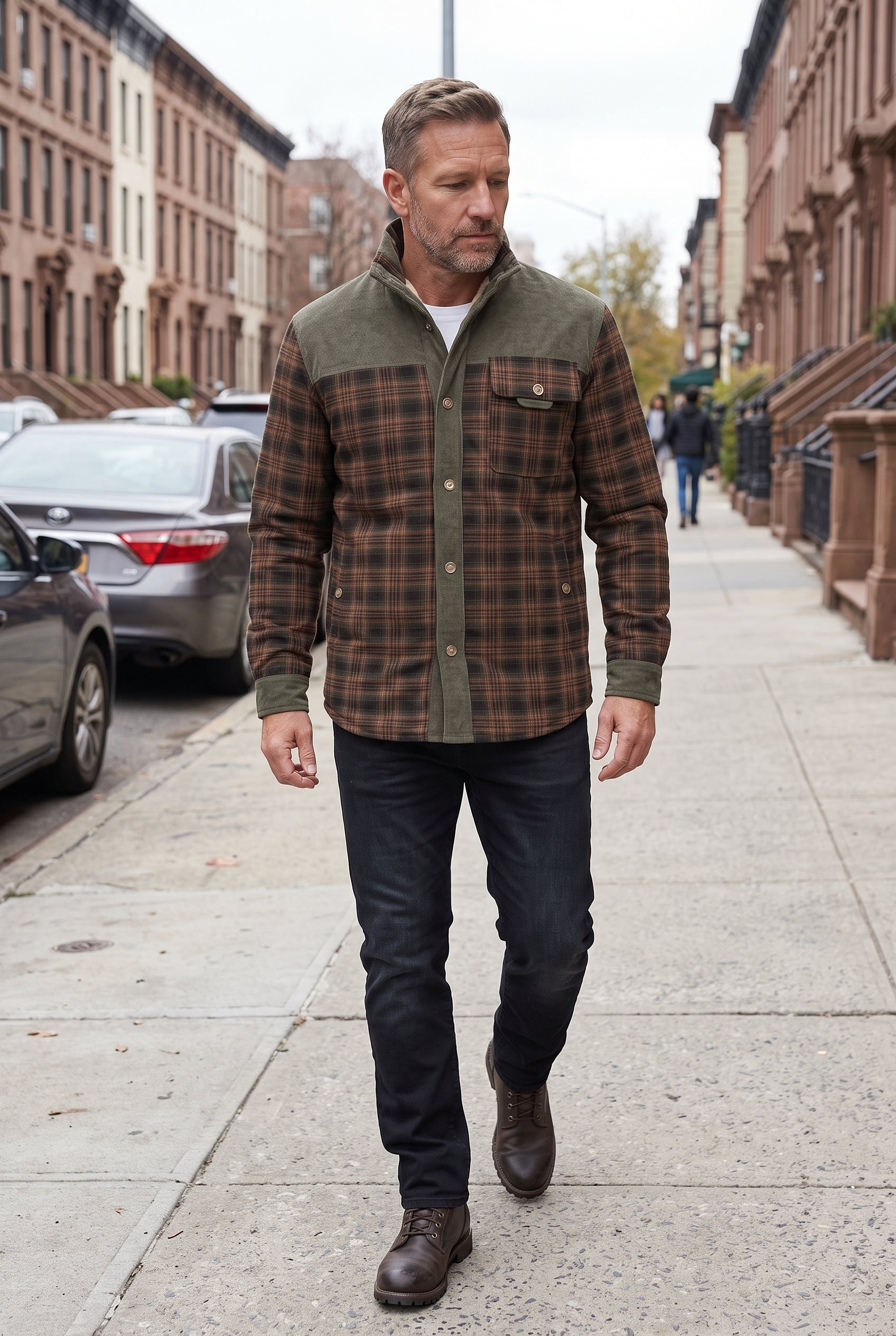 Men's Sherpa Jacket | Plaid with Corduroy Collar - Army Green lifestyle