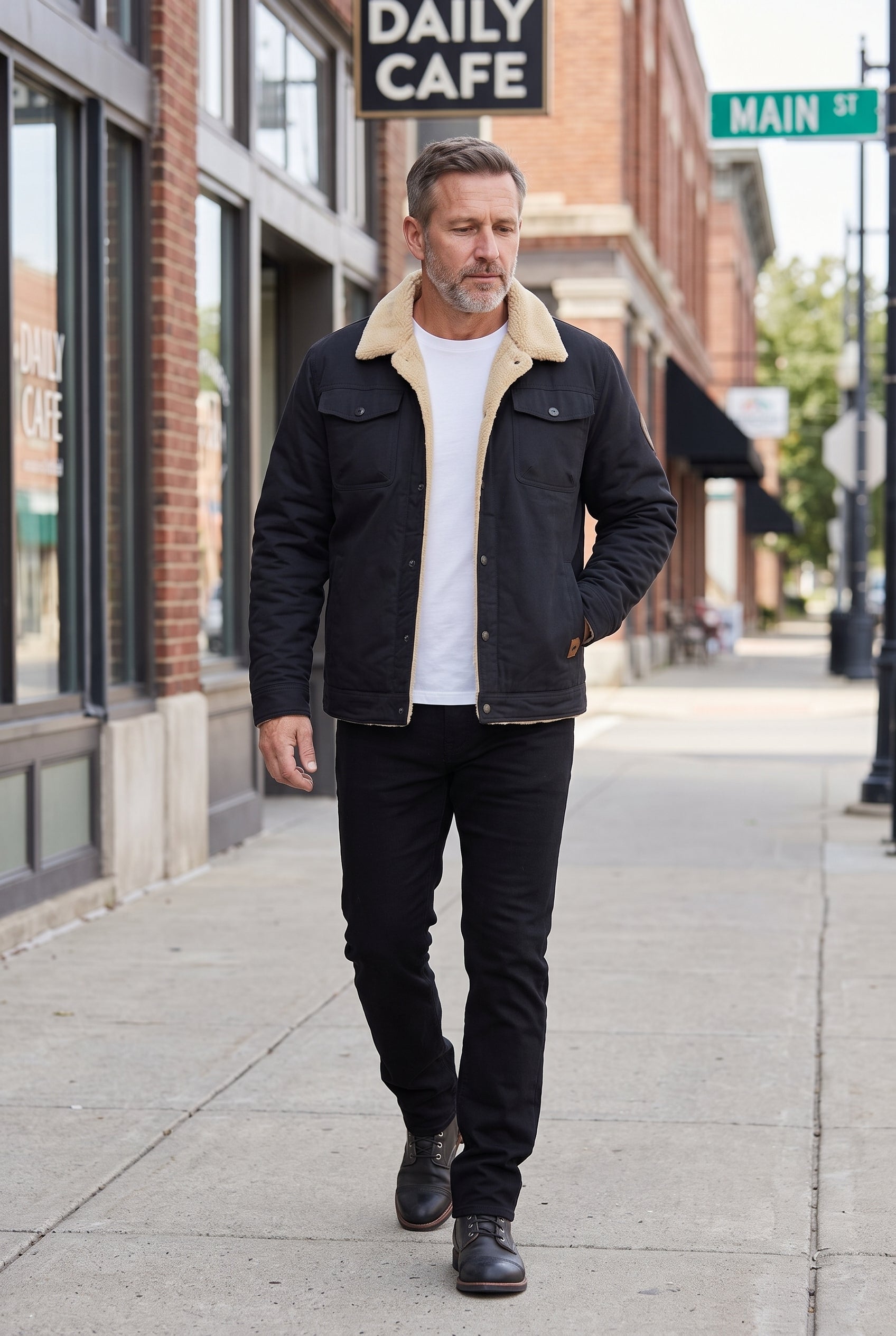 Men's Sherpa Jacket | Snap Front Flap Pockets - Black lifestyle