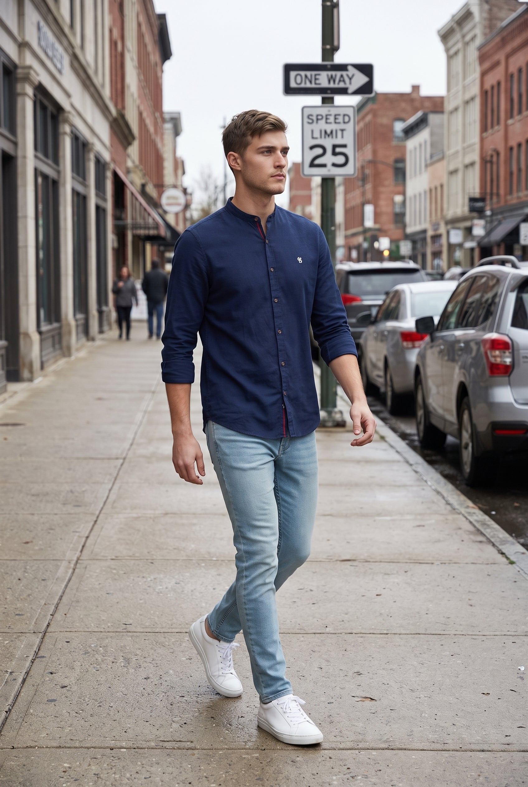 Men's Shirt | Band Neck with Contrast Placket - Navy lifestyle