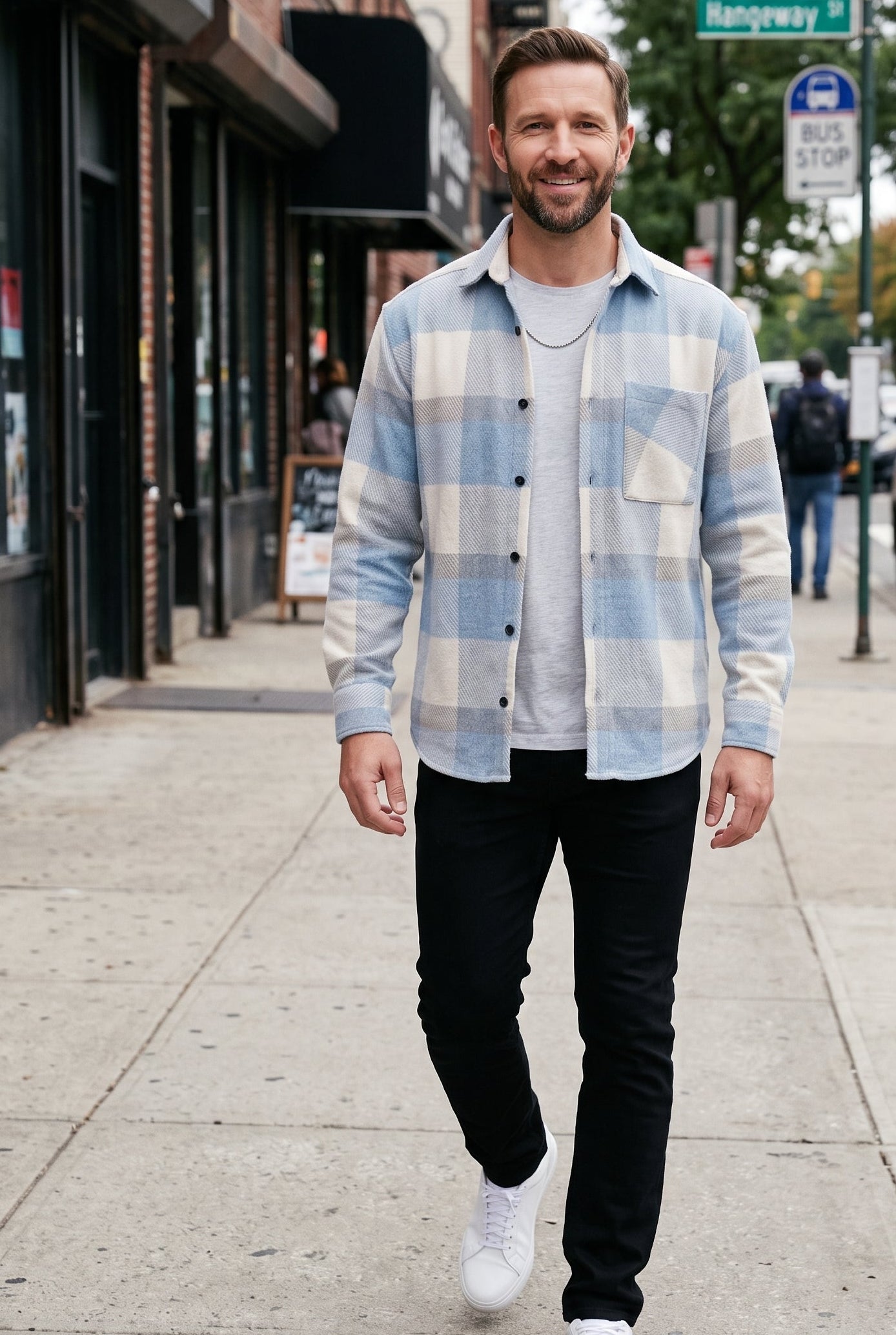 Men's Shirt | Buffalo Check with Chest Pocket - White / Light Blue lifestyle