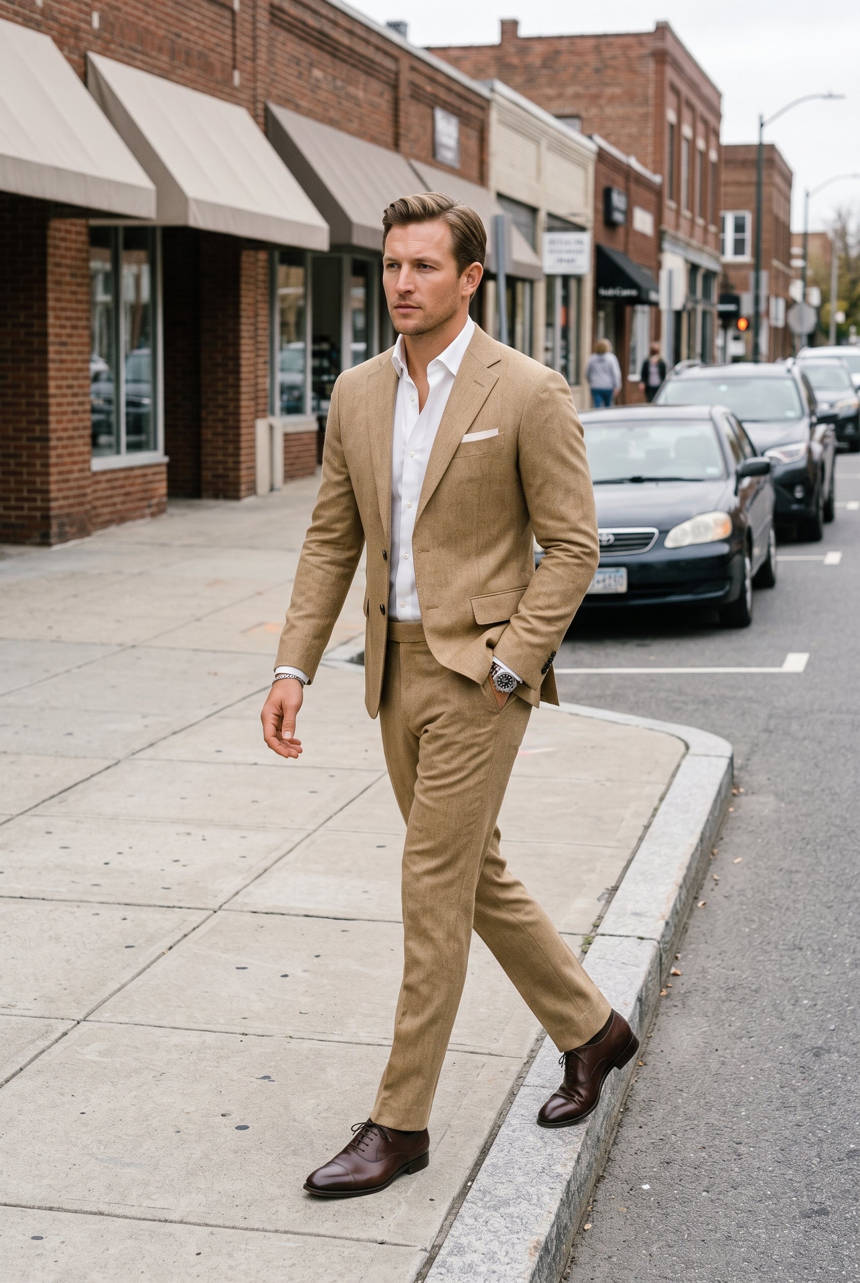 Men's Suit | Notch Lapel Two Button Straight Leg - Light Brown lifestyle