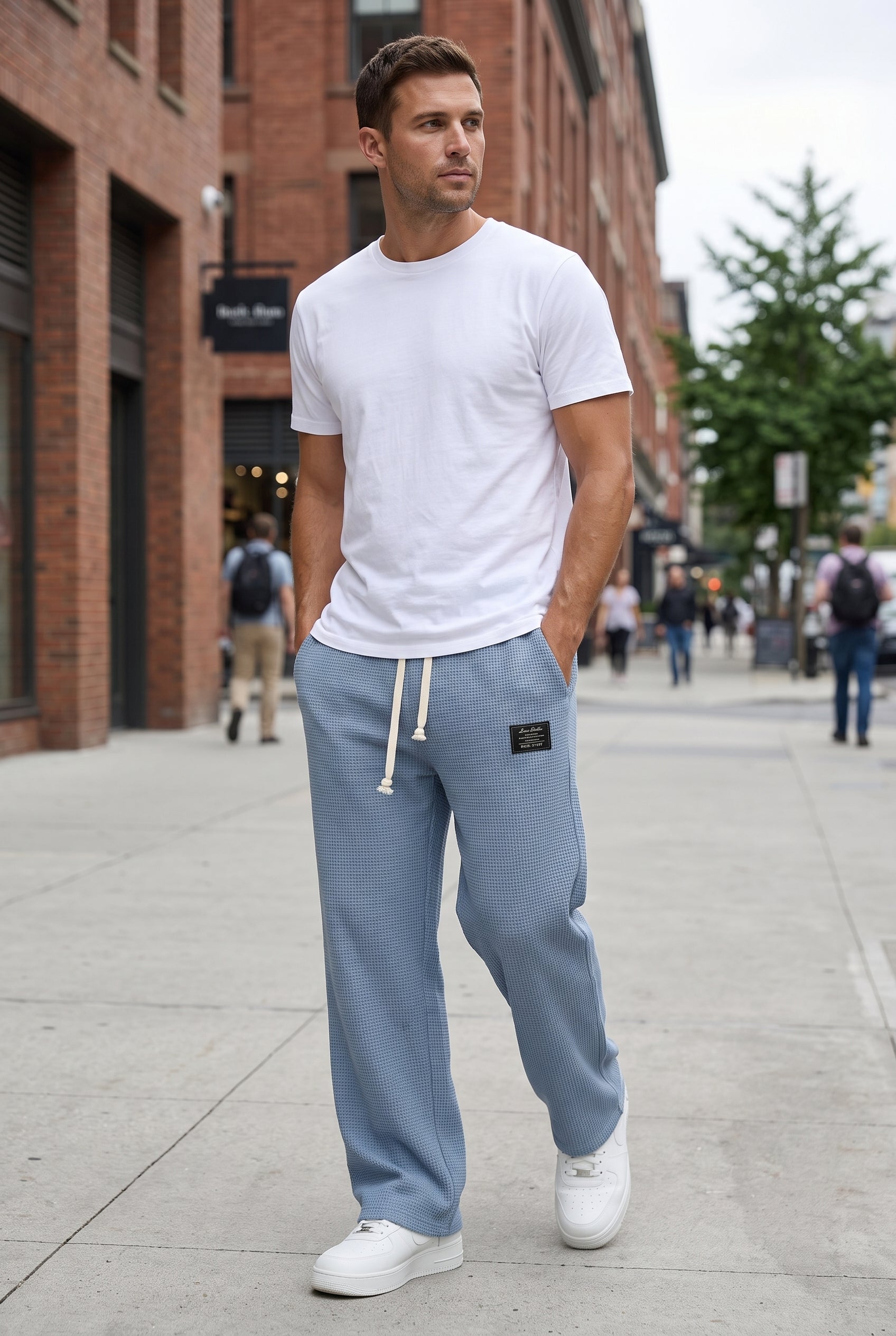 Men's Sweatpants | Wide Leg with Waffle Texture - Light Blue lifestyle