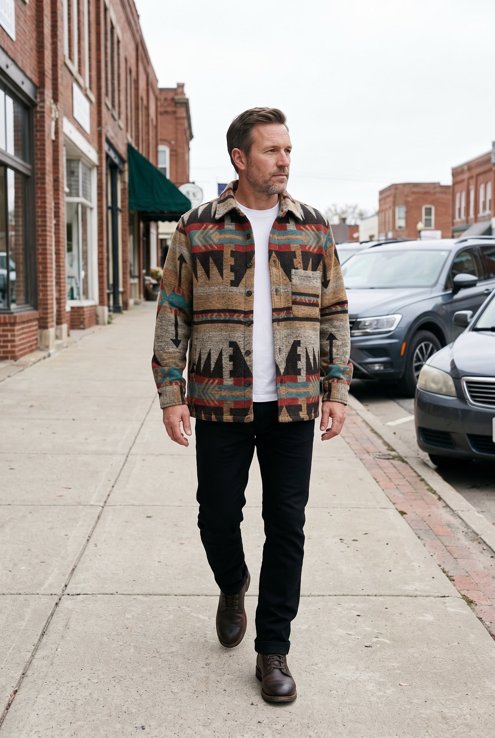 Men's Winter Jacket | Aztec Print Button Front - Dark Brown lifestyle