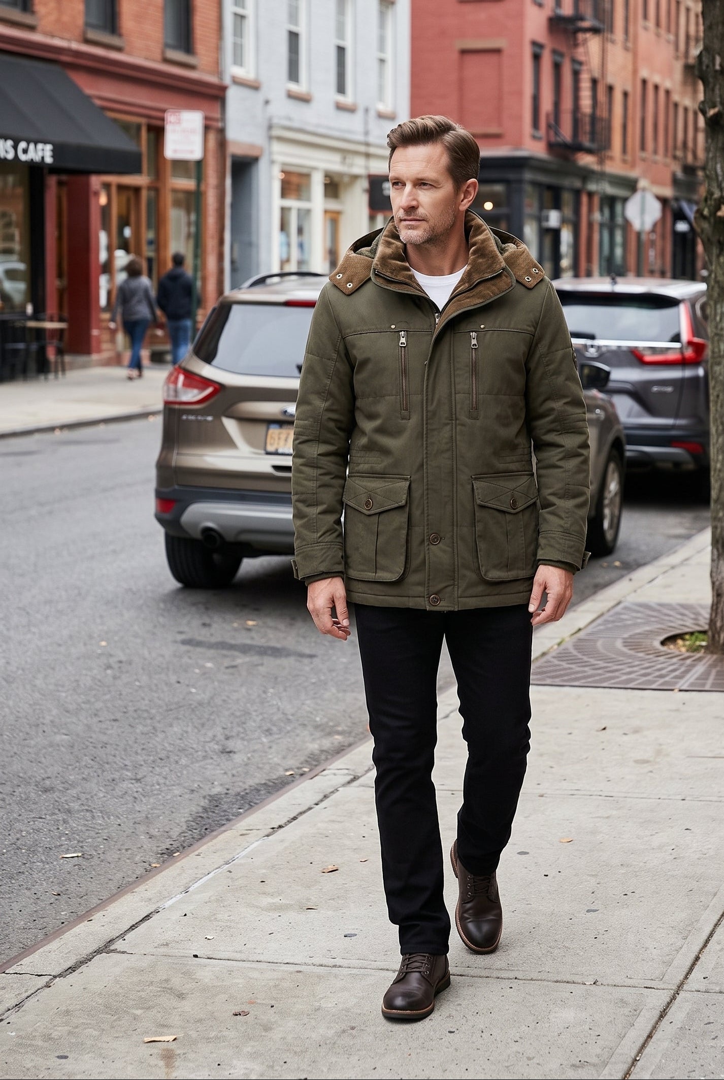 Men's Winter Jacket | Detachable Hood Zip Chest Pockets - Green lifestyle