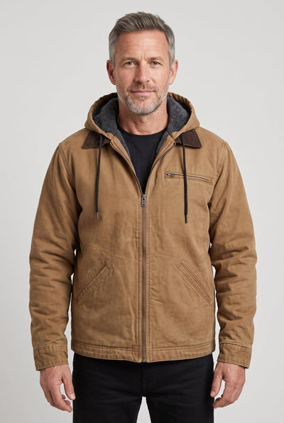 Men's Winter Jacket | Hooded Corduroy Collar Zip Front - 1