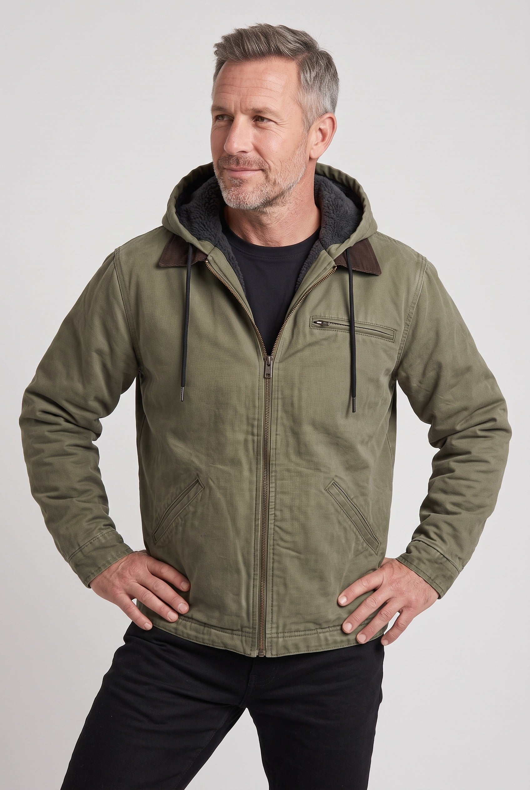 Men's Winter Jacket | Hooded Corduroy Collar Zip Front - 5