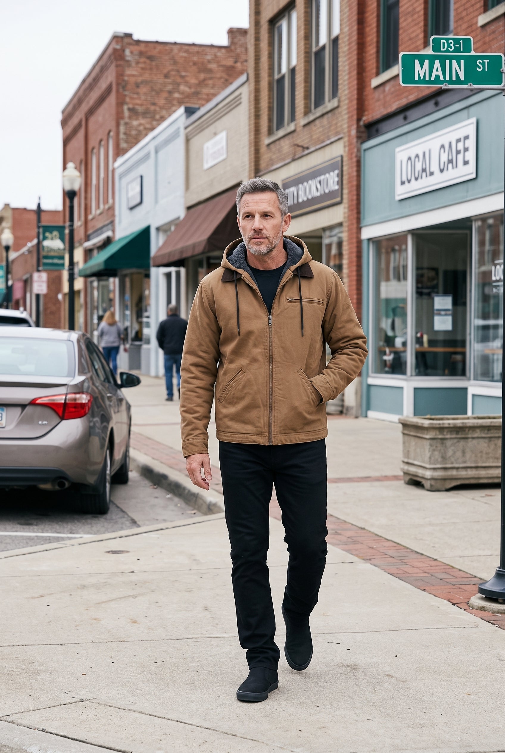 Men's Winter Jacket | Hooded Corduroy Collar Zip Front - Brown lifestyle