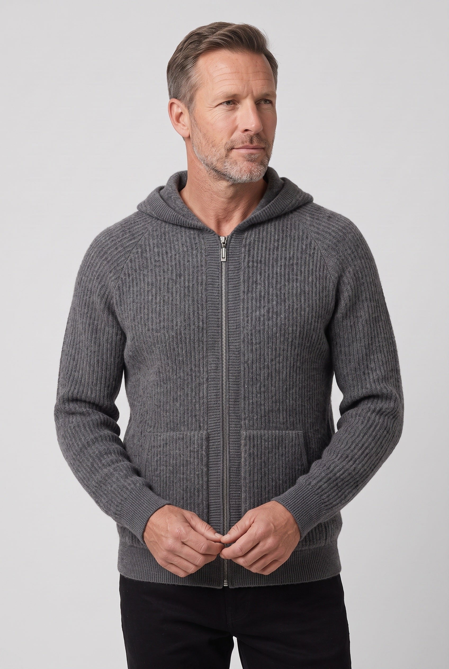 Men's Zip Up Hoodie | Full Zip Ribbed Knit - 11