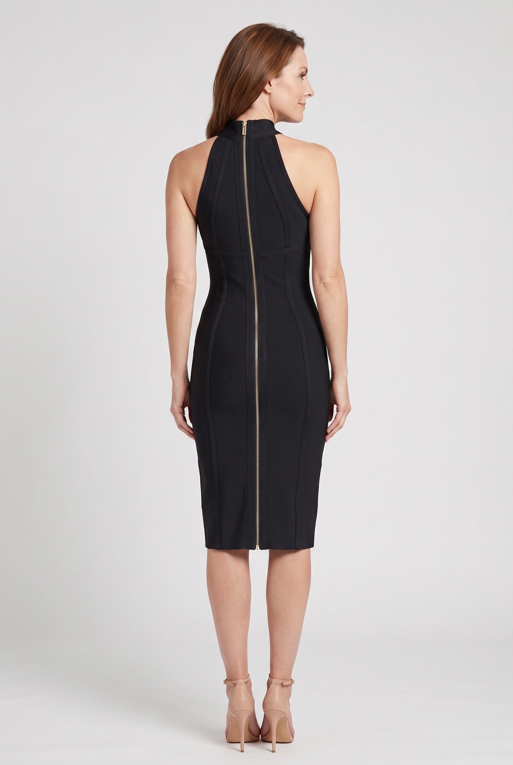 Women's Black Dress | Halter Neck Back Zip Midi - 2