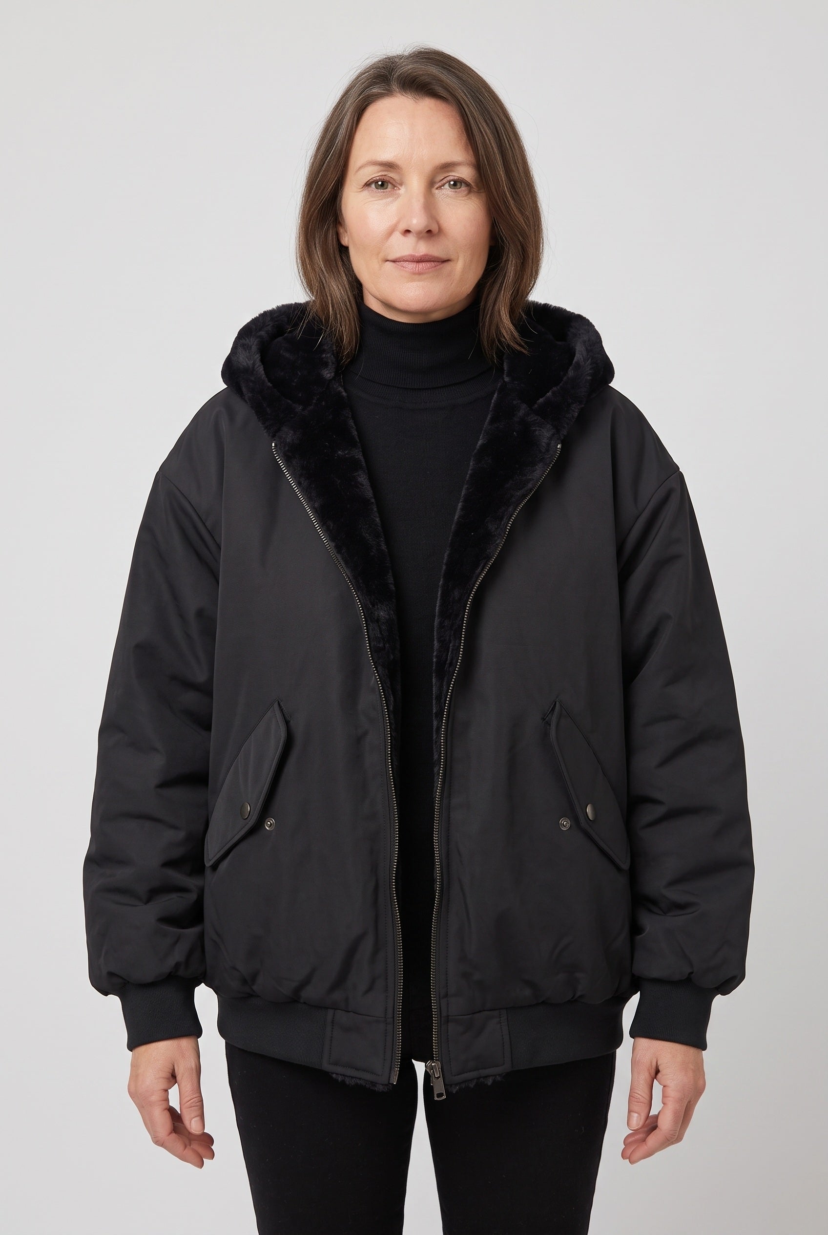 Women's Bomber Jacket | Hooded Faux Fur Lining - 1