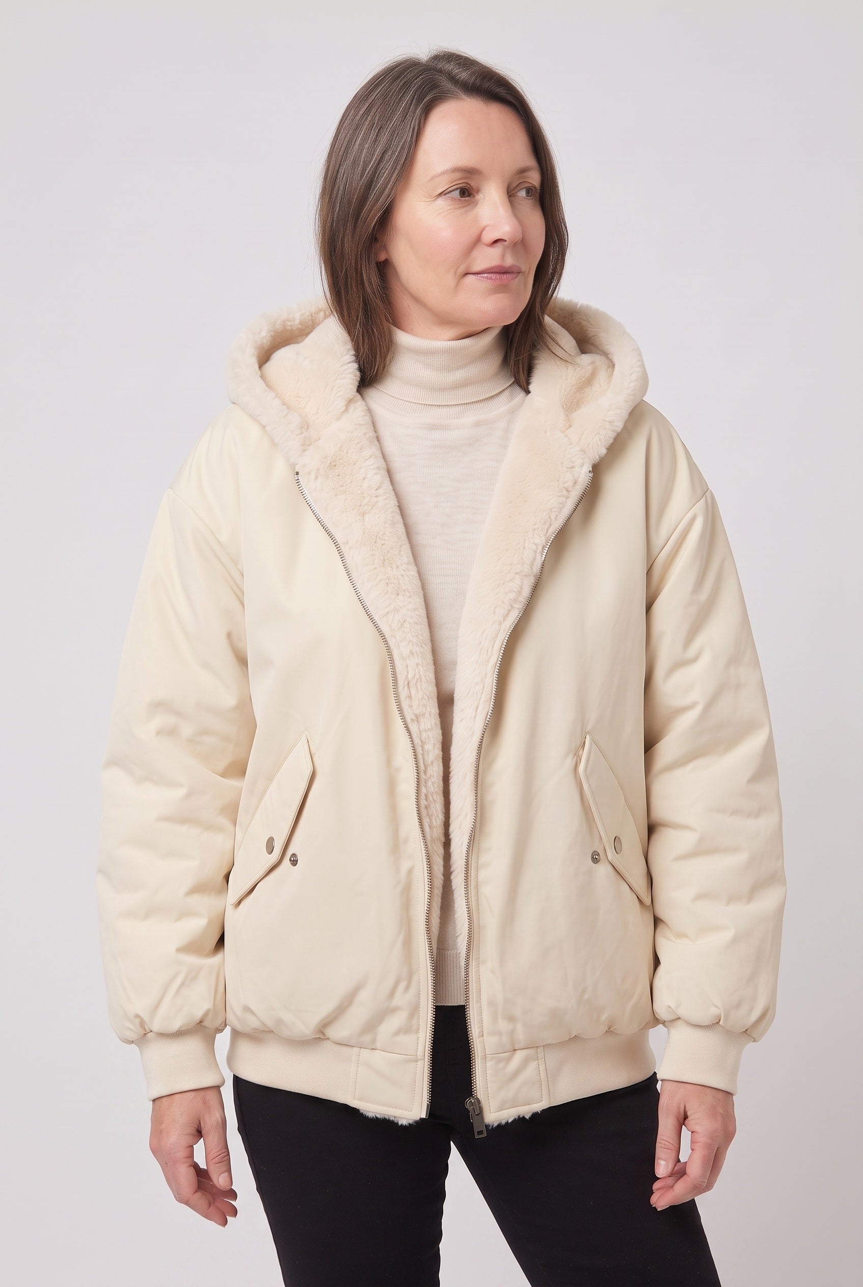Women's Bomber Jacket | Hooded Faux Fur Lining - 8