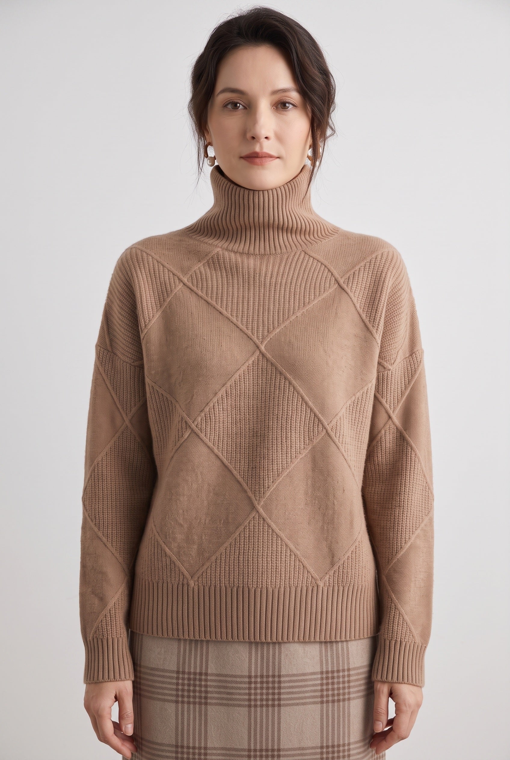 Women's Cable Knit Sweater | Turtleneck Diamond Lattice - 1