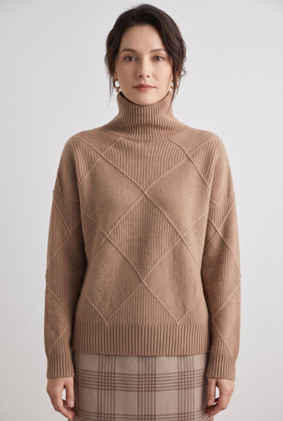 Women's Cable Knit Sweater | Turtleneck Diamond Lattice - 1