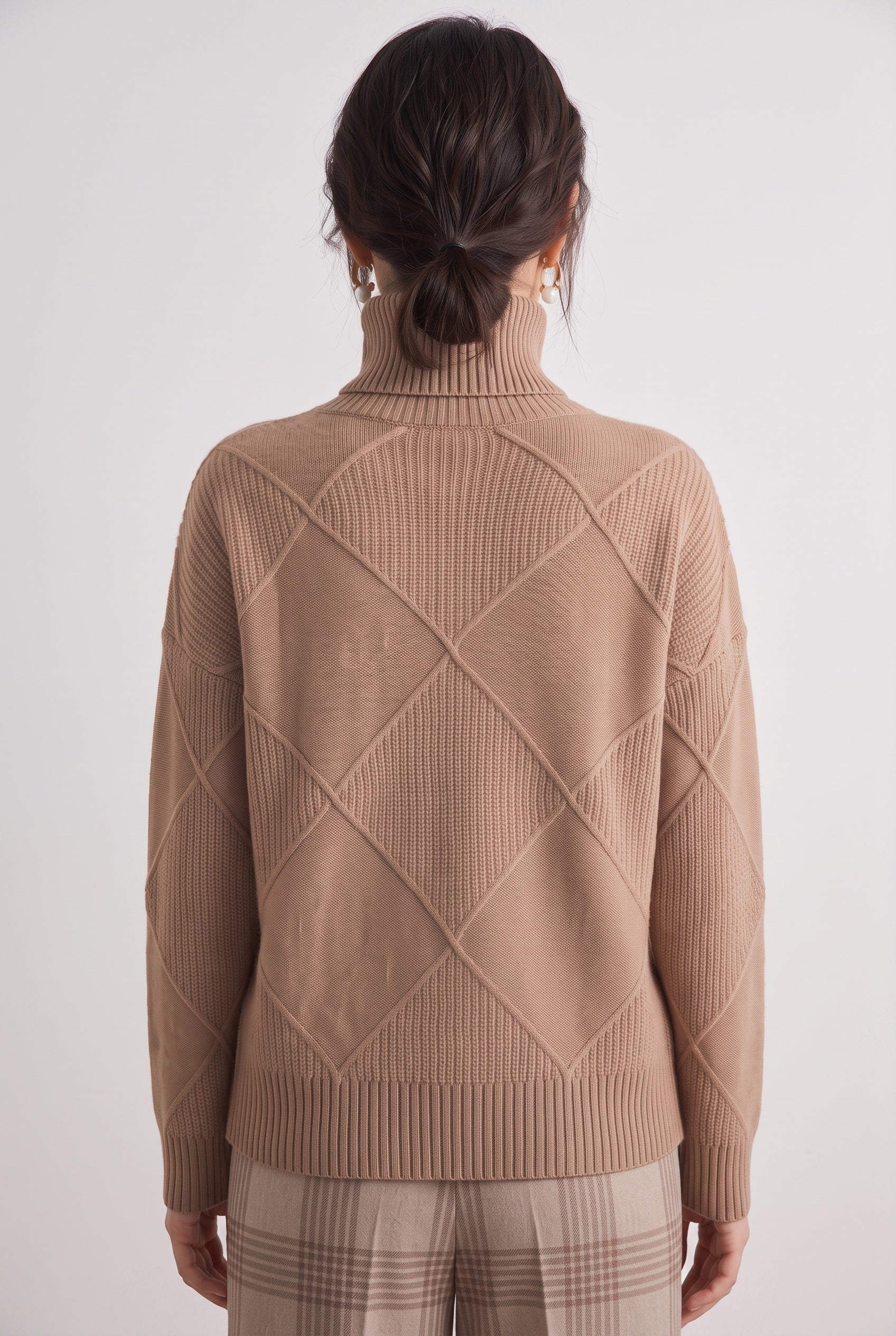 Women's Cable Knit Sweater | Turtleneck Diamond Lattice - 2