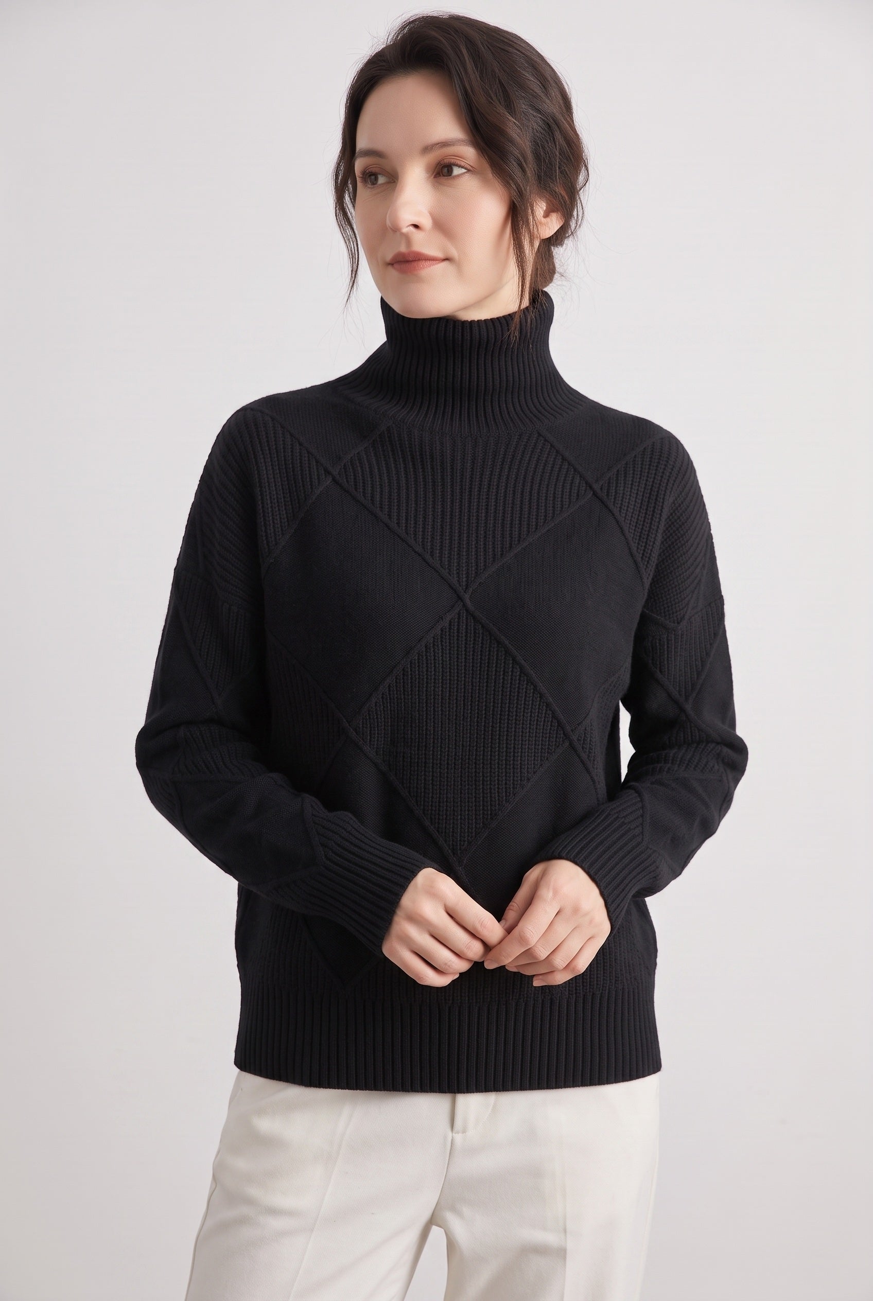 Women's Cable Knit Sweater | Turtleneck Diamond Lattice - 6
