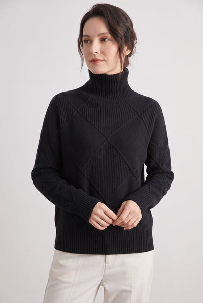 Women's Cable Knit Sweater | Turtleneck Diamond Lattice - 6