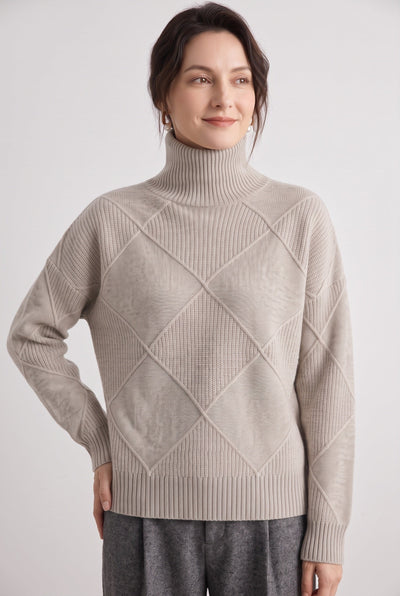Women's Cable Knit Sweater | Turtleneck Diamond Lattice - 8