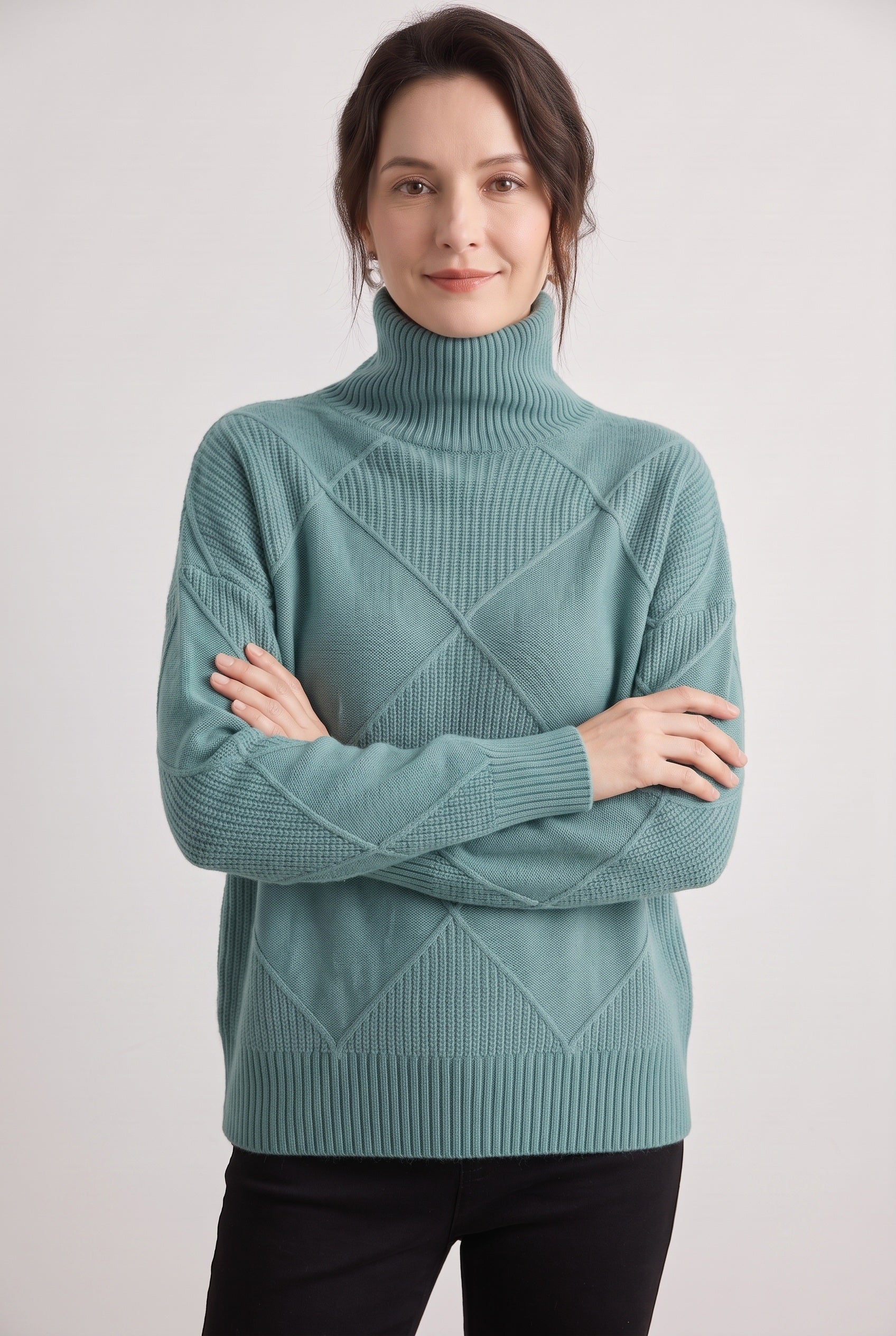 Women's Cable Knit Sweater | Turtleneck Diamond Lattice - 9