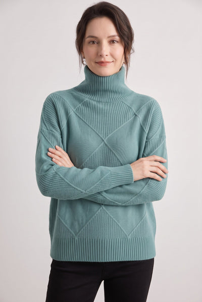 Women's Cable Knit Sweater | Turtleneck Diamond Lattice - 9