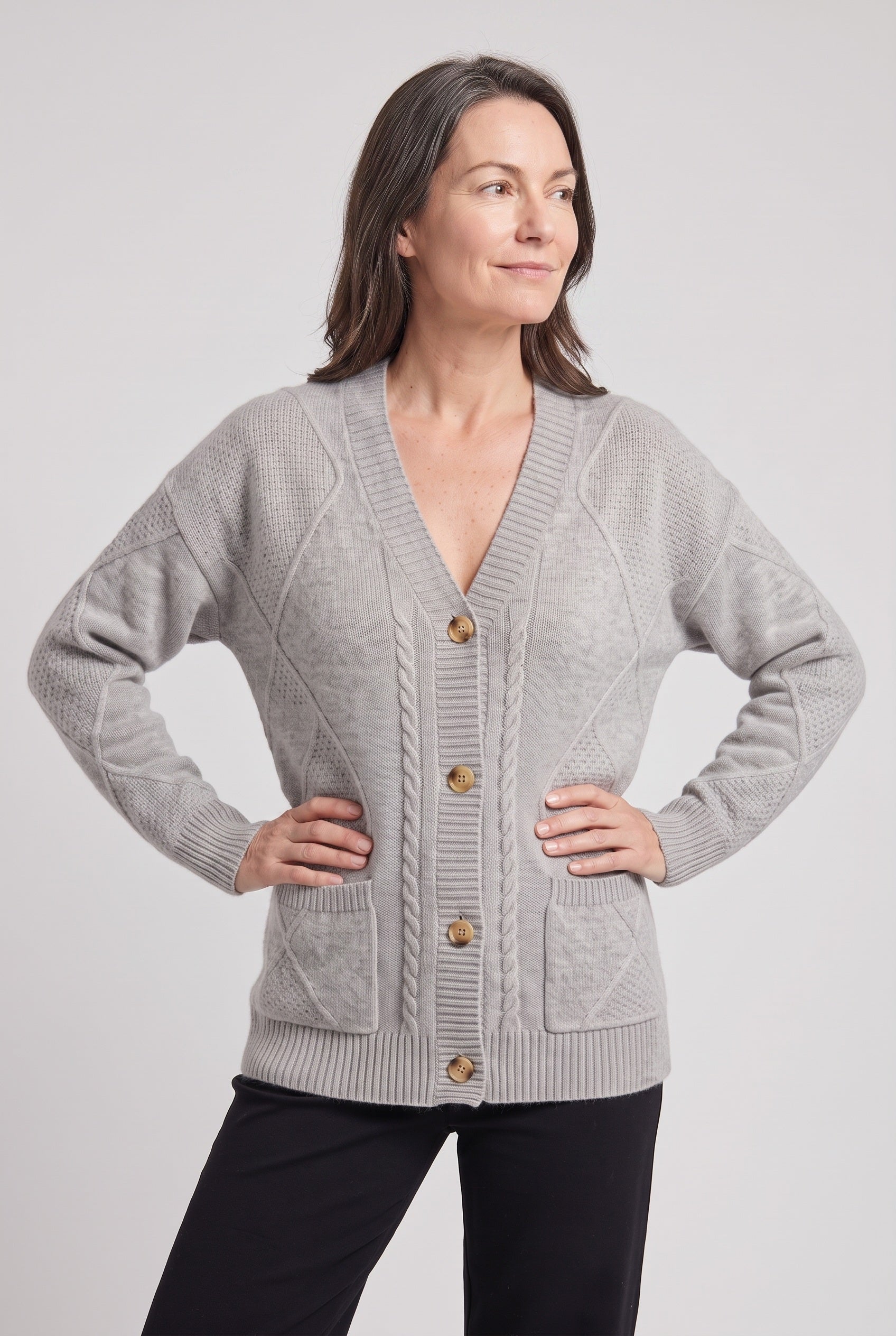 Women's Cardigan | Cable Knit V-Neck with Patch Pockets - 5