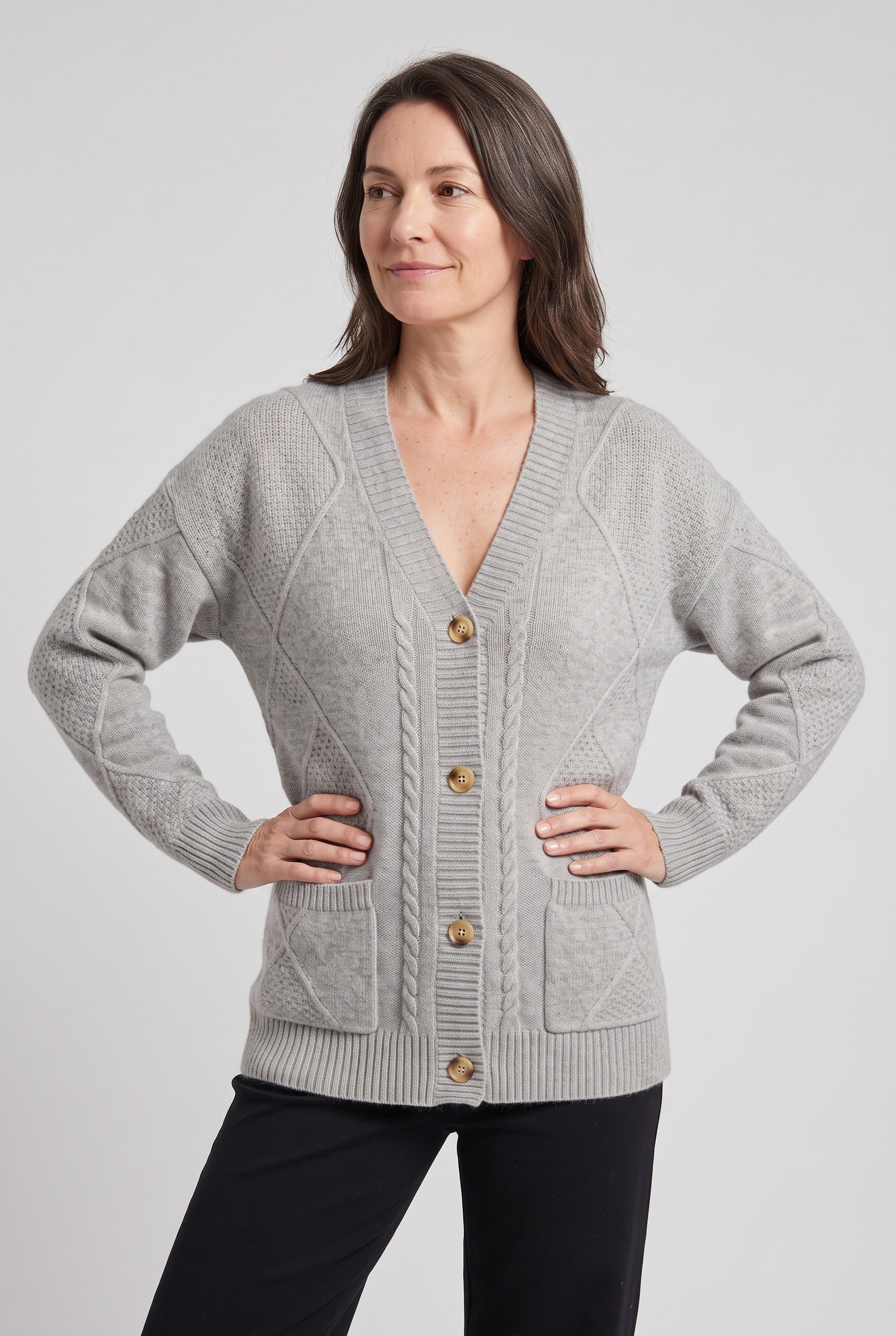 Women's Cardigan | Cable Knit V-Neck with Patch Pockets - 6