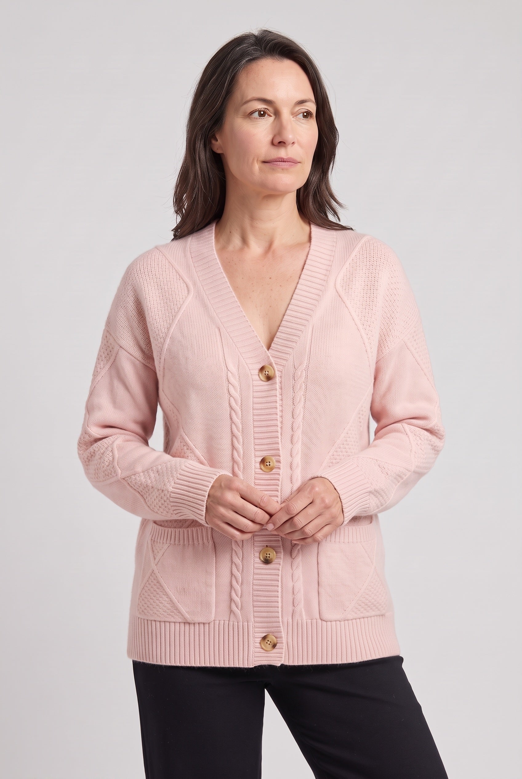 Women's Cardigan | Cable Knit V-Neck with Patch Pockets - 7