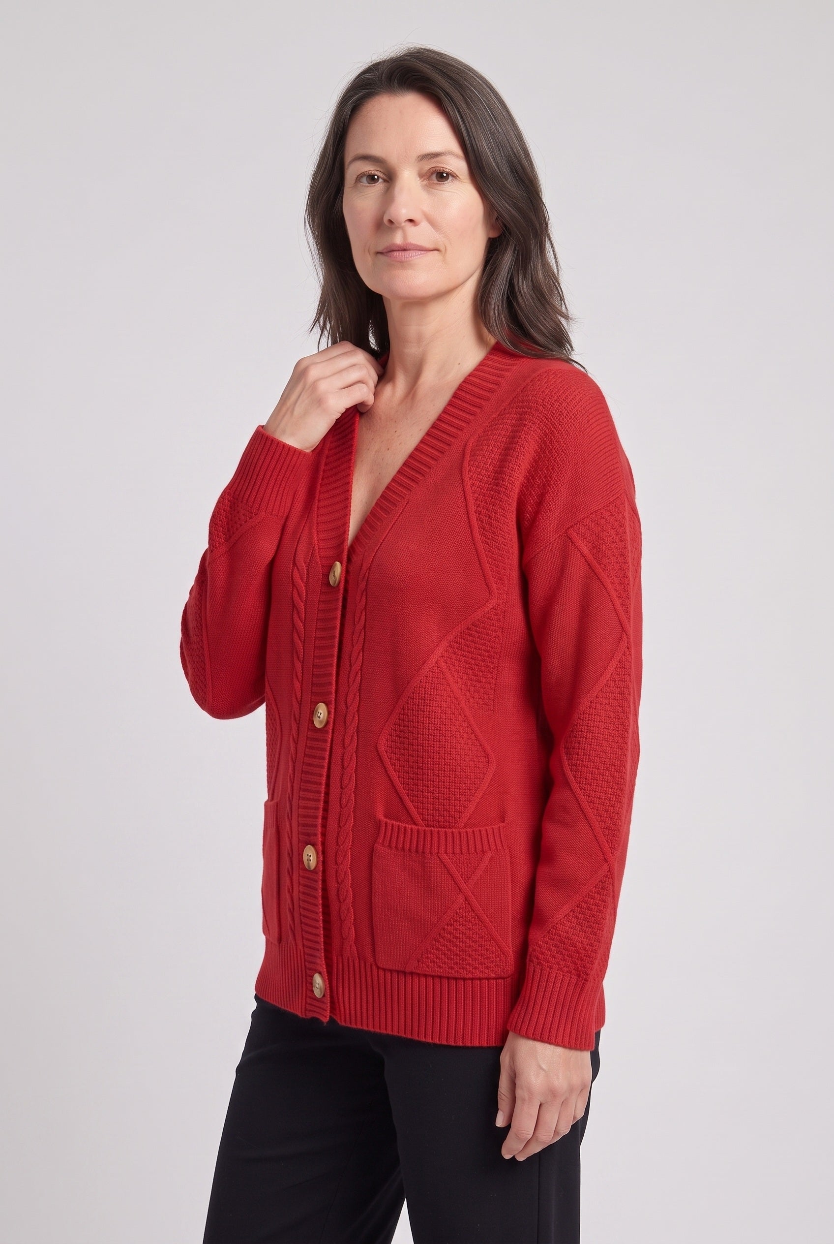 Women's Cardigan | Cable Knit V-Neck with Patch Pockets - 8