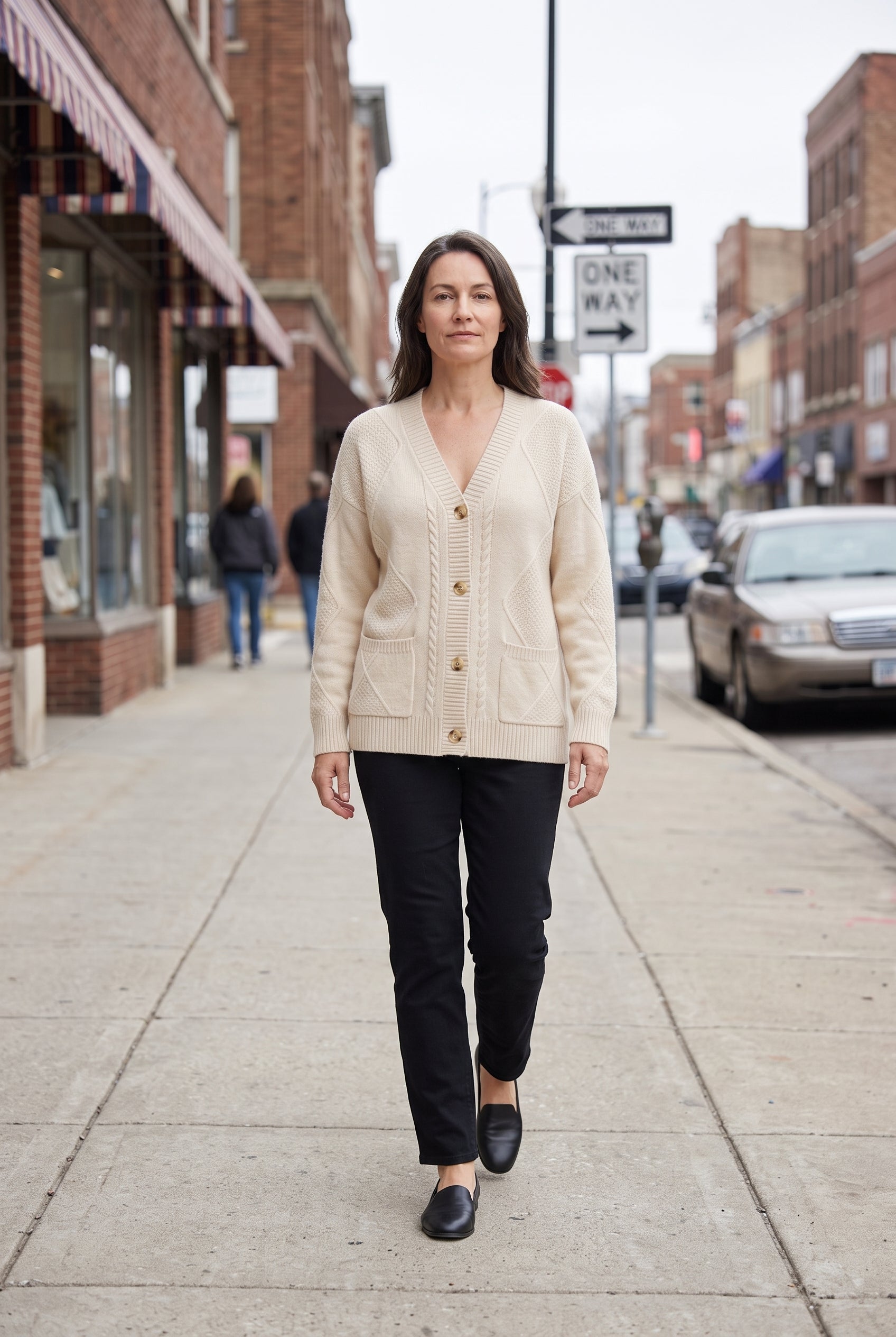 Women's Cardigan | Cable Knit V-Neck with Patch Pockets - Beige lifestyle