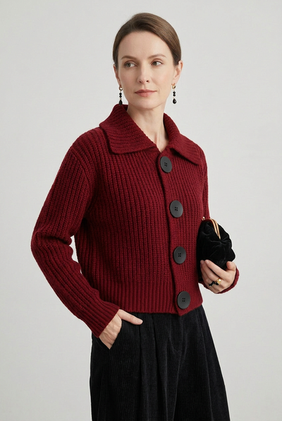 Women's Cardigan | Cropped Point Collar Oversized Buttons - 5