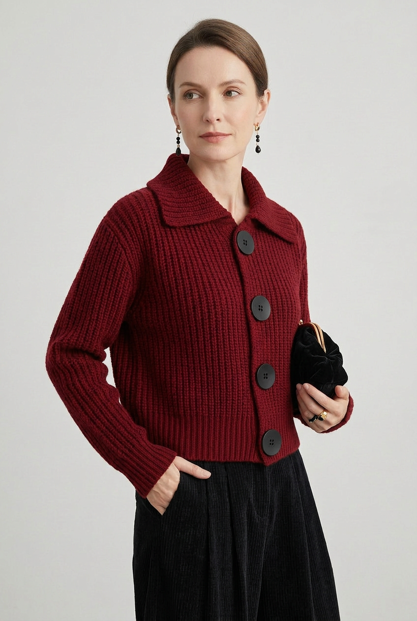 Women's Cardigan | Cropped Point Collar Oversized Buttons - 5