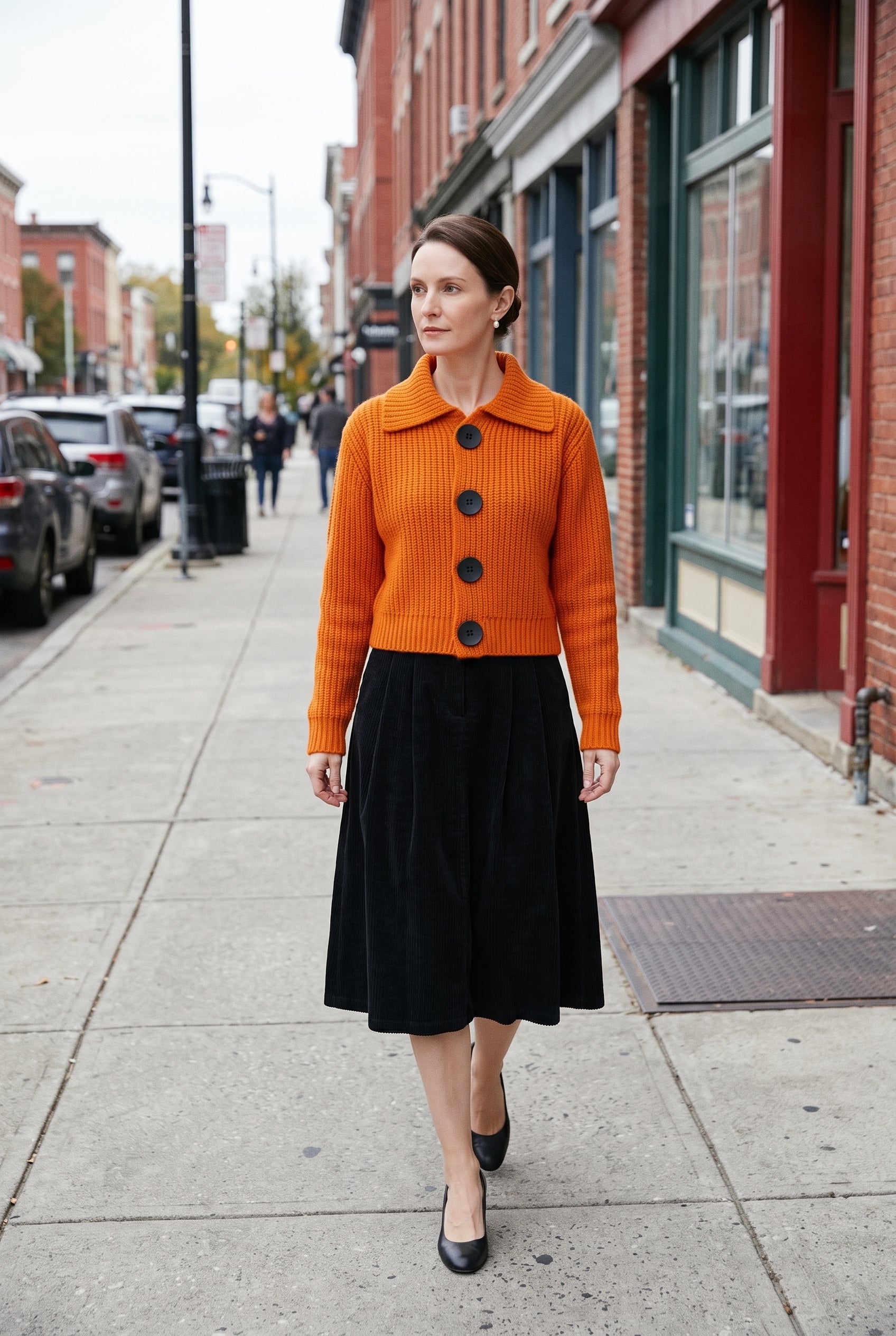 Women's Cardigan | Cropped Point Collar Oversized Buttons - Orange lifestyle