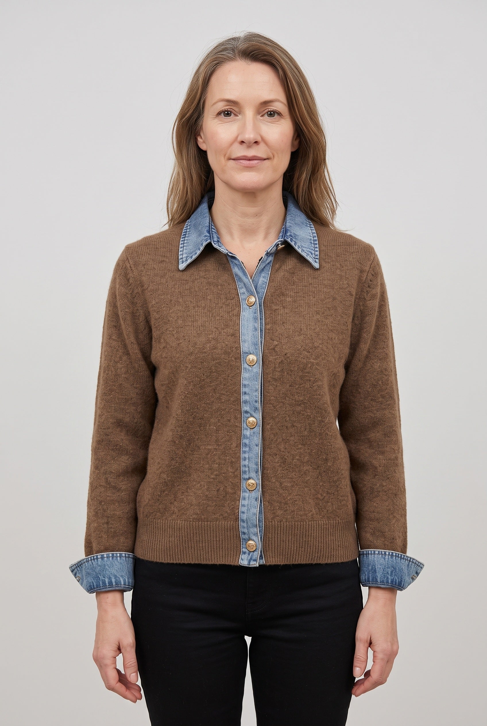 Women's Cardigan | Denim-Look Collar Button Front - 1
