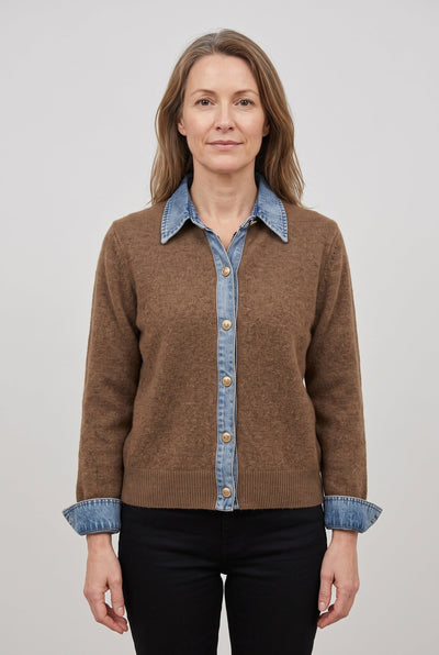 Women's Cardigan | Denim-Look Collar Button Front - 1