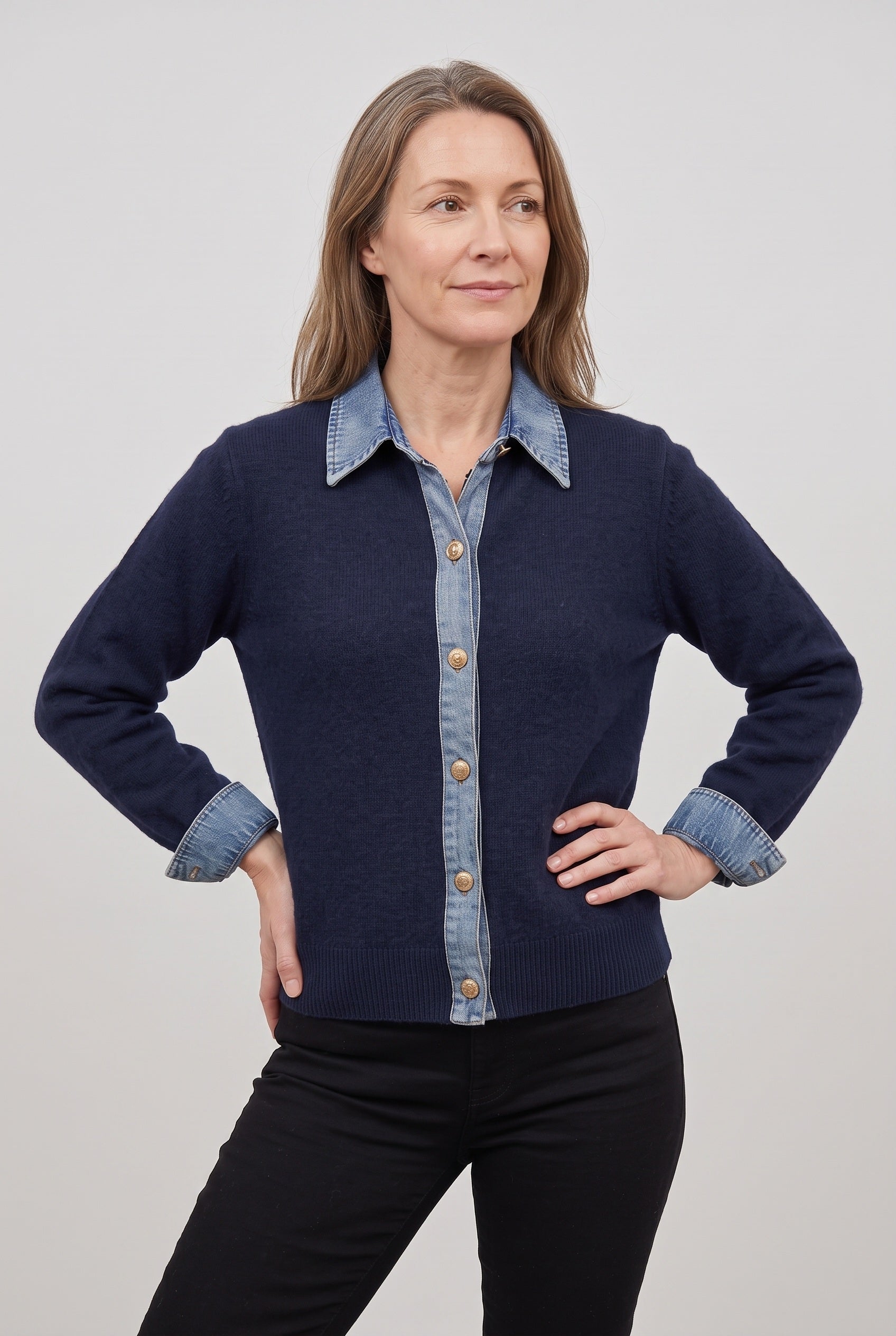 Women's Cardigan | Denim-Look Collar Button Front - 4