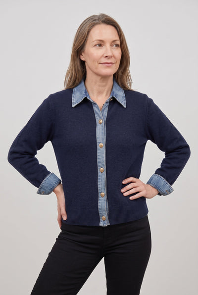 Women's Cardigan | Denim-Look Collar Button Front - 4
