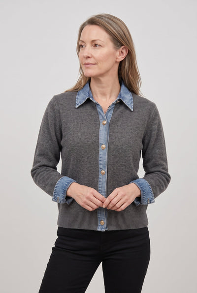 Women's Cardigan | Denim-Look Collar Button Front - 5