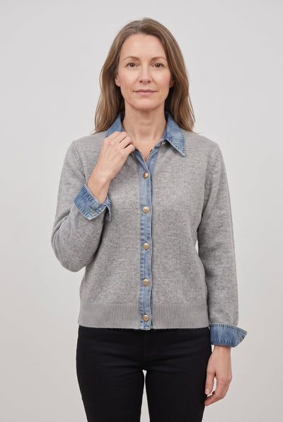 Women's Cardigan | Denim-Look Collar Button Front - 6