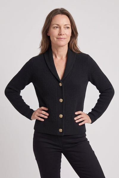 Women's Cardigan | Shawl Collar Ribbed Button Front - 5