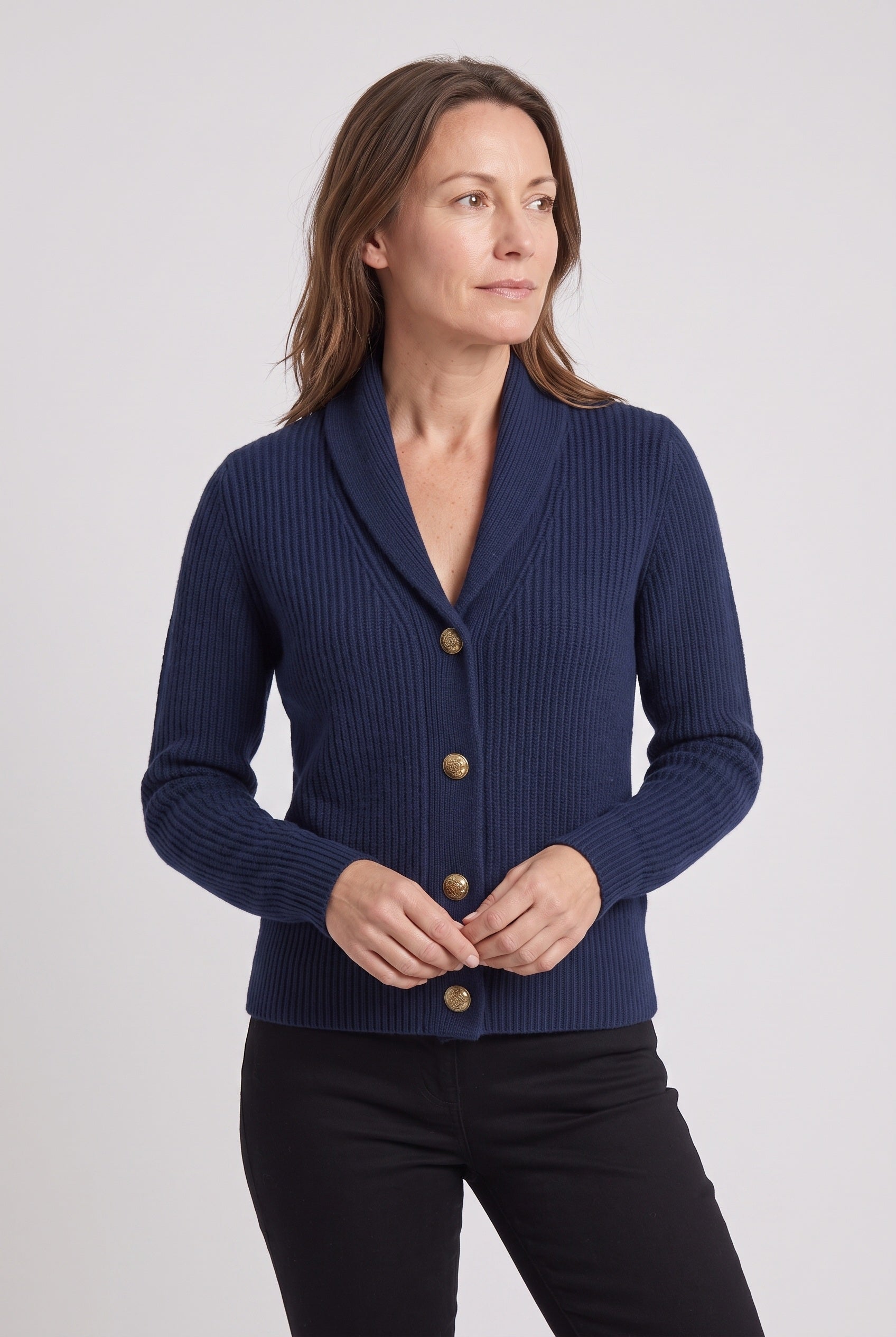 Women's Cardigan | Shawl Collar Ribbed Button Front - 6