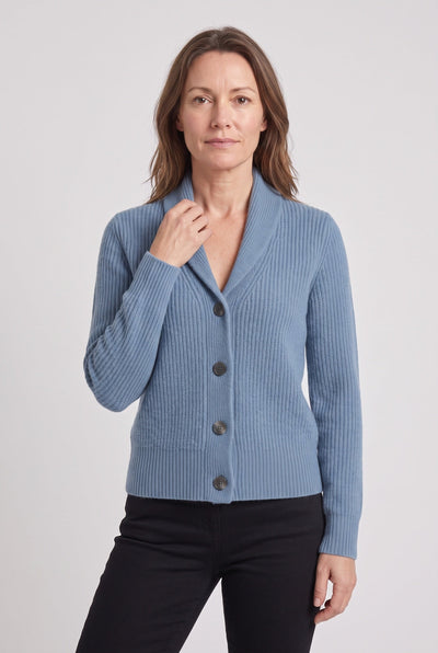 Women's Cardigan | Shawl Collar Ribbed Button Front - 7
