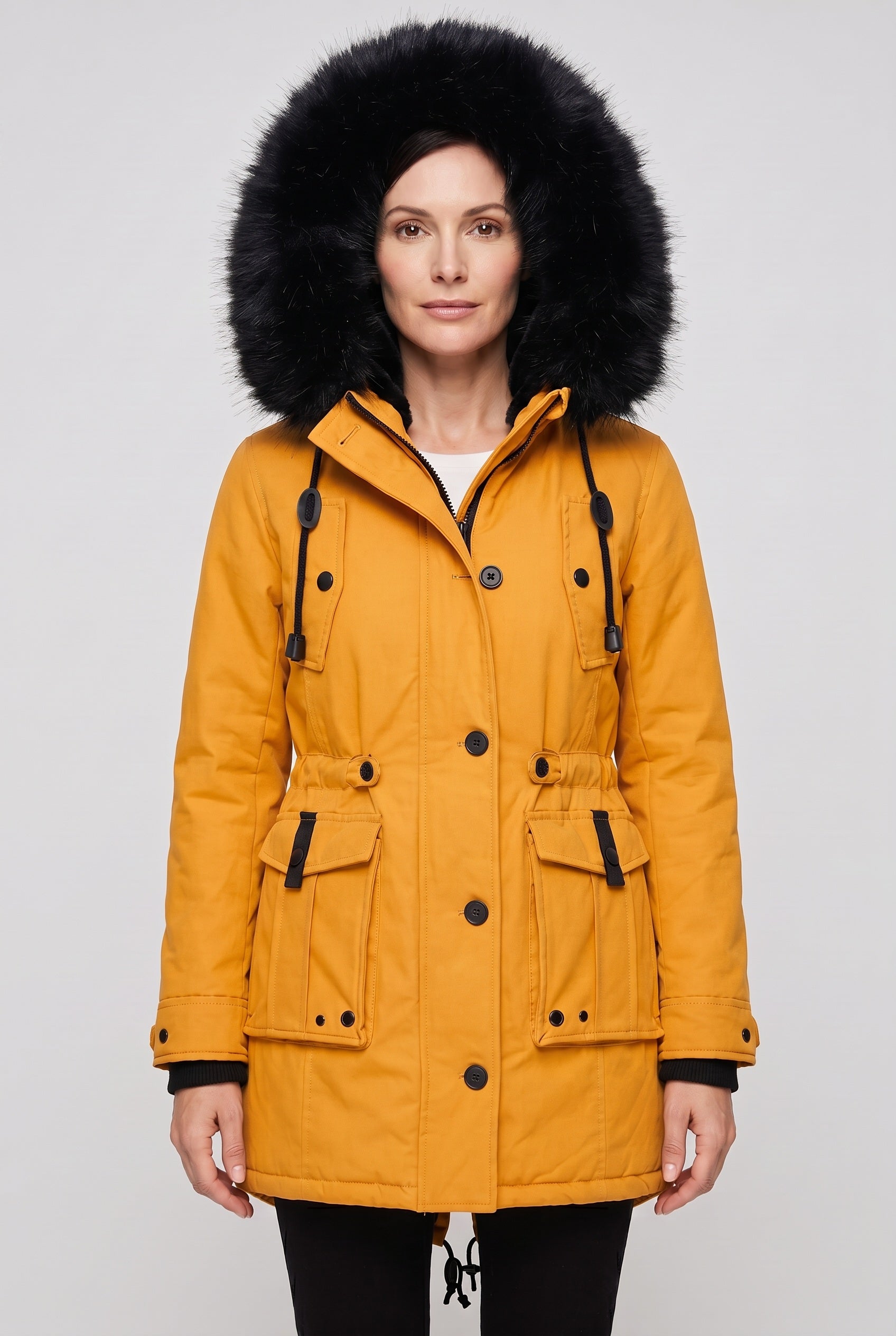 Women's Coat | Button Front with Faux Fur Hood - 1