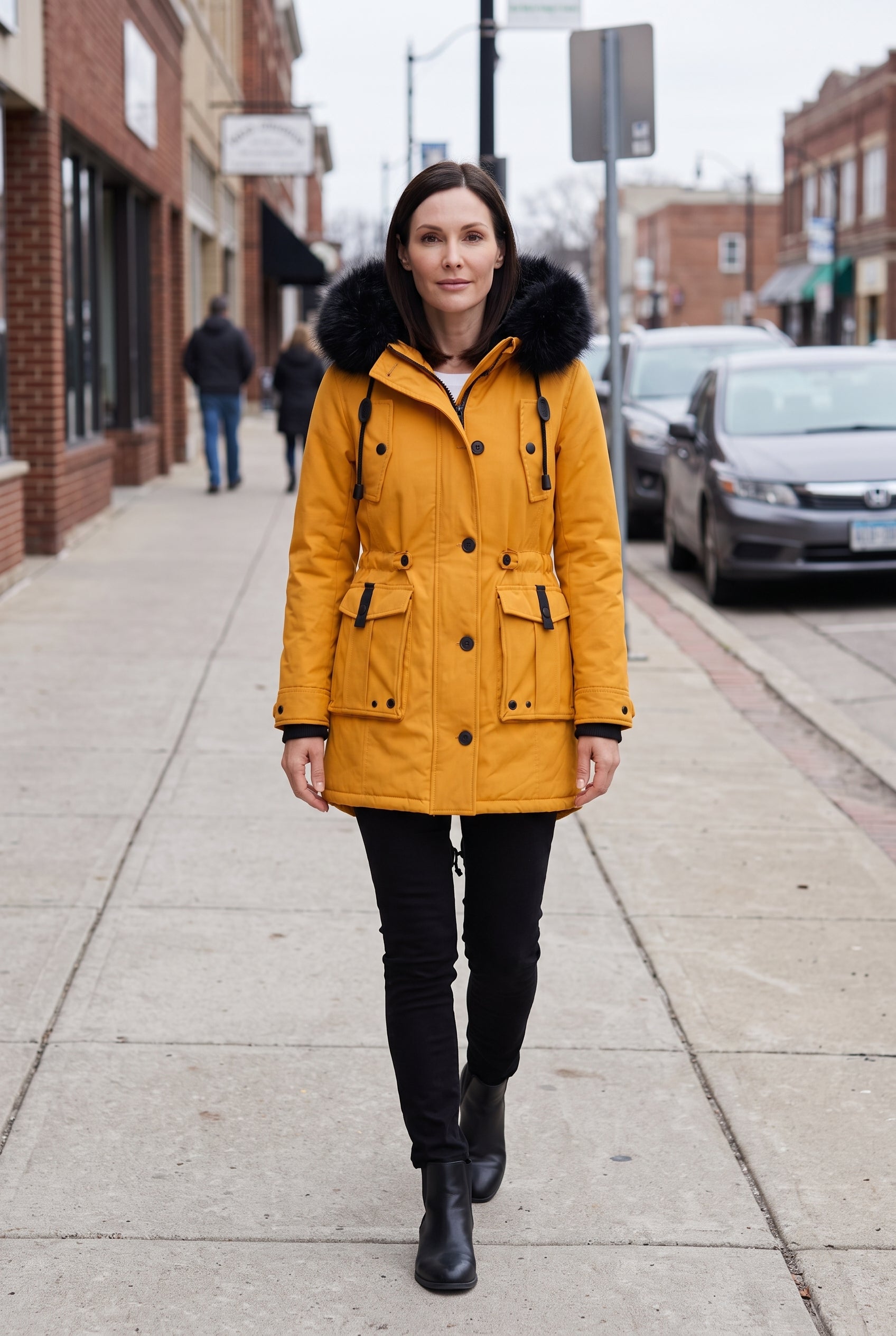 Women's Coat | Button Front with Faux Fur Hood - Yellow lifestyle