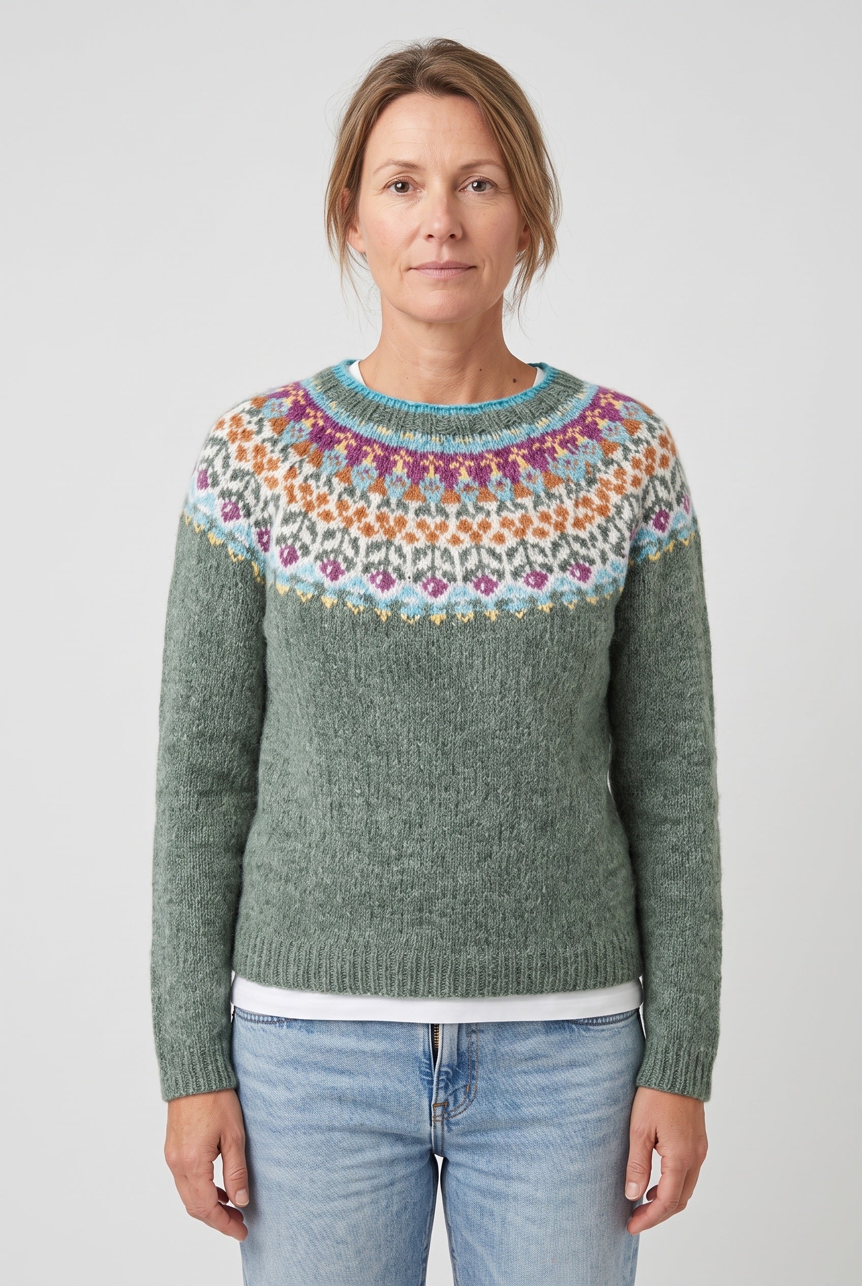 Women's Fair Isle Sweater | Geometric Yoke Ribbed Hem - 1
