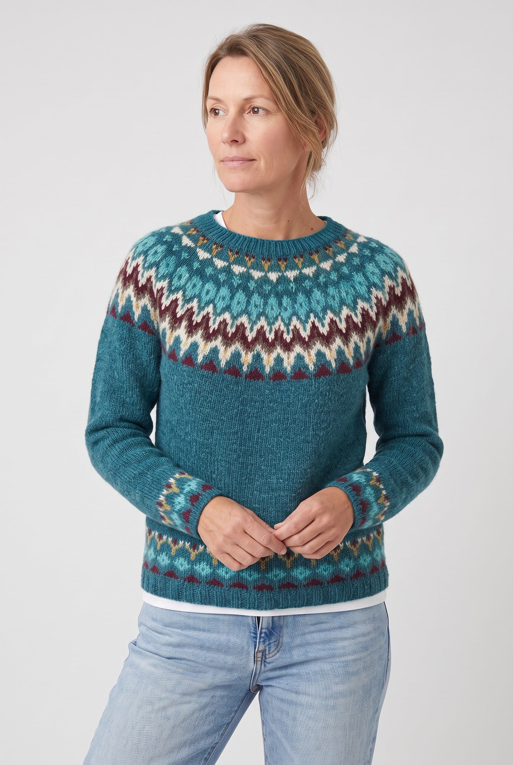 Women's Fair Isle Sweater | Geometric Yoke Ribbed Hem - 5